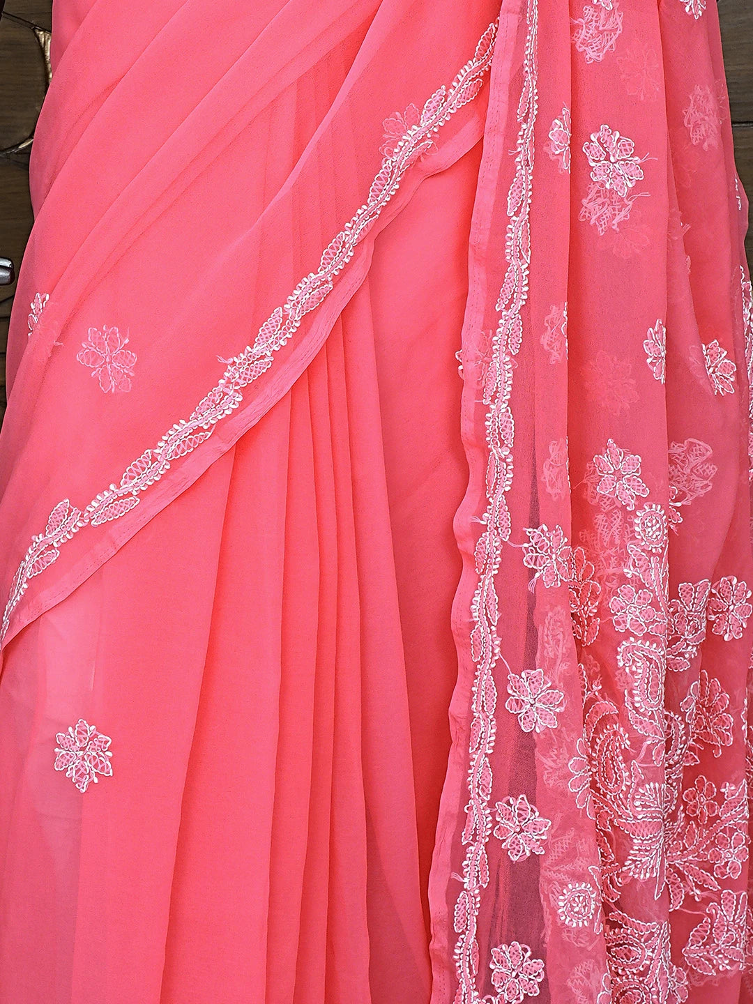 Ada Hand Embroidered Carrot Pink Georgette Lucknowi Chikankari Saree and Blouse 01A905438