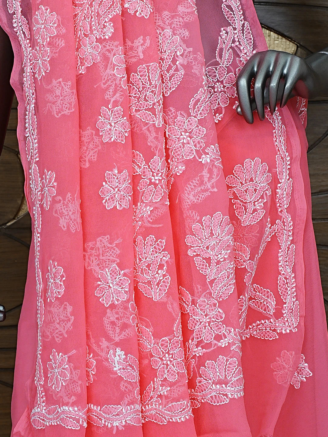Ada Hand Embroidered Carrot Pink Georgette Lucknowi Chikankari Saree and Blouse 01A905438