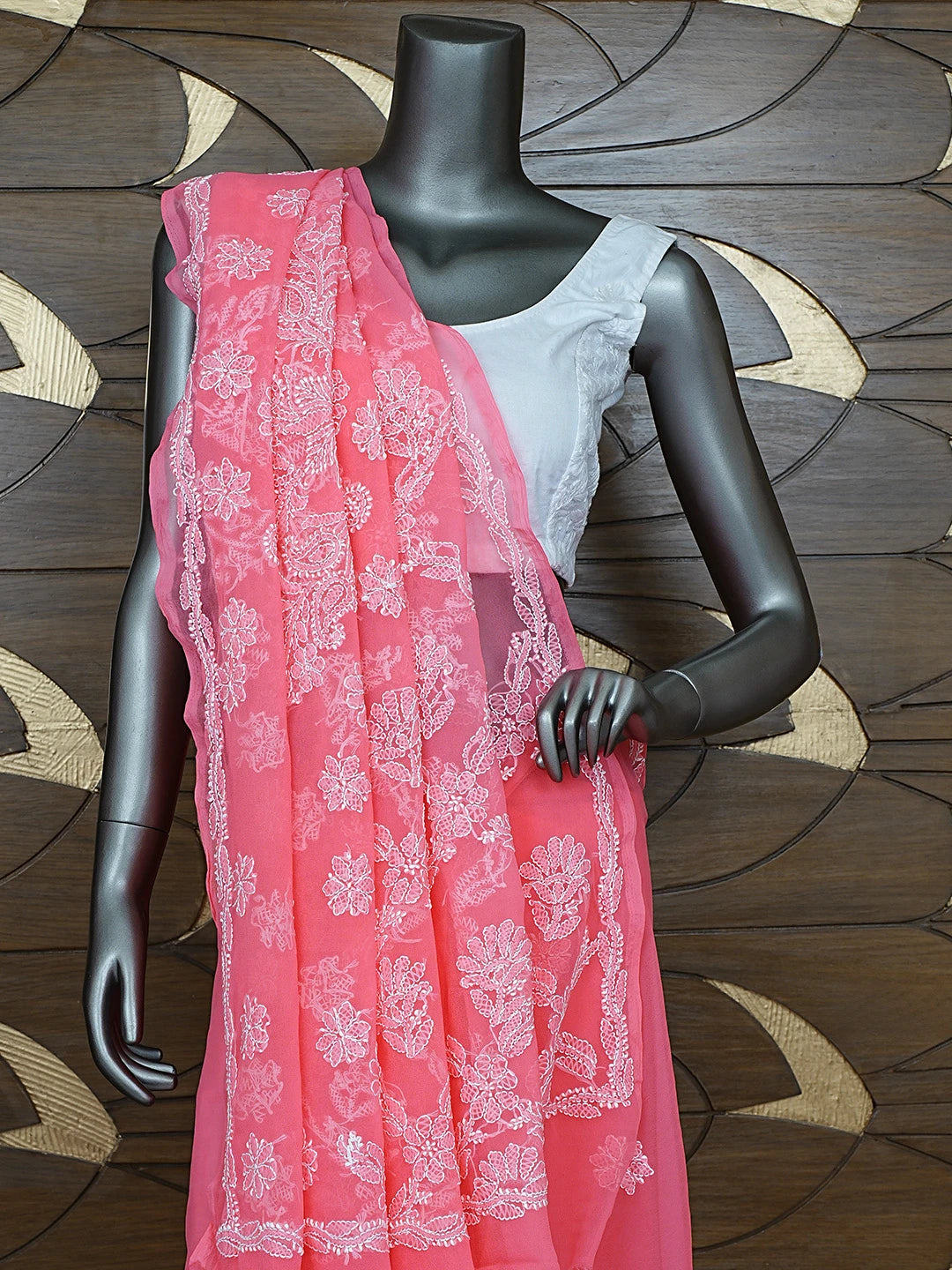 Ada Hand Embroidered Carrot Pink Georgette Lucknowi Chikankari Saree and Blouse 01A905438