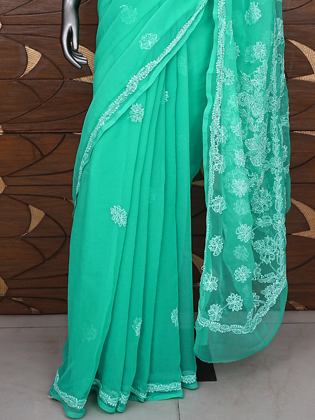 Ada Hand Embroidered Sea Green Georgette Lucknowi Chikankari Saree and Blouse 01A905435