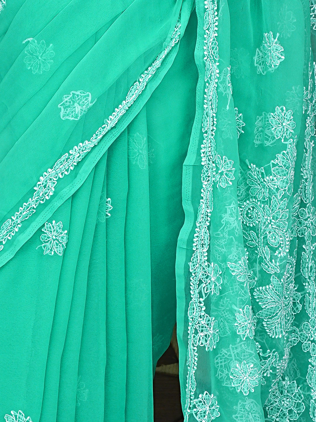Ada Hand Embroidered Sea Green Georgette Lucknowi Chikankari Saree and Blouse 01A905435