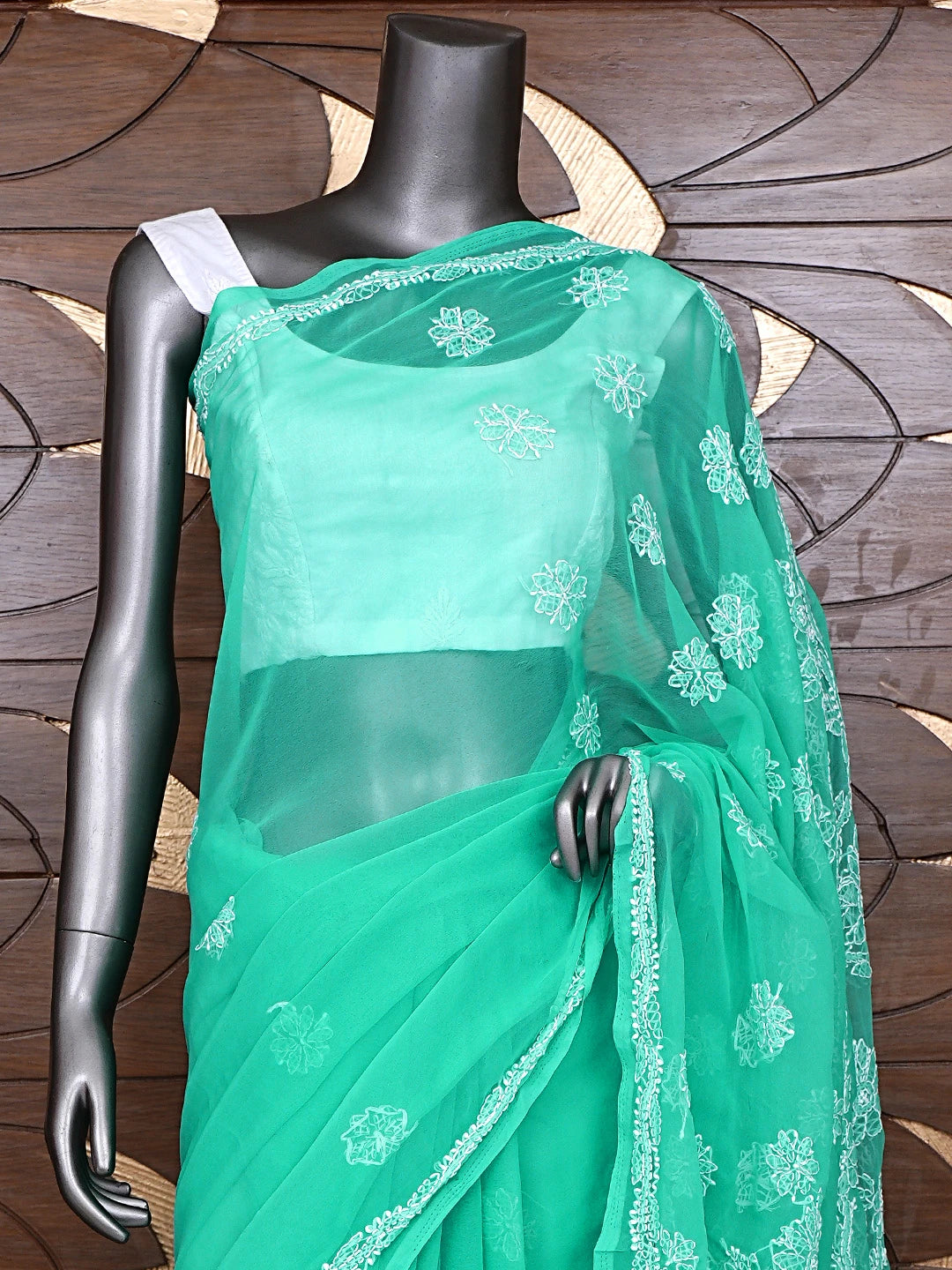 Ada Hand Embroidered Sea Green Georgette Lucknowi Chikankari Saree and Blouse 01A905435