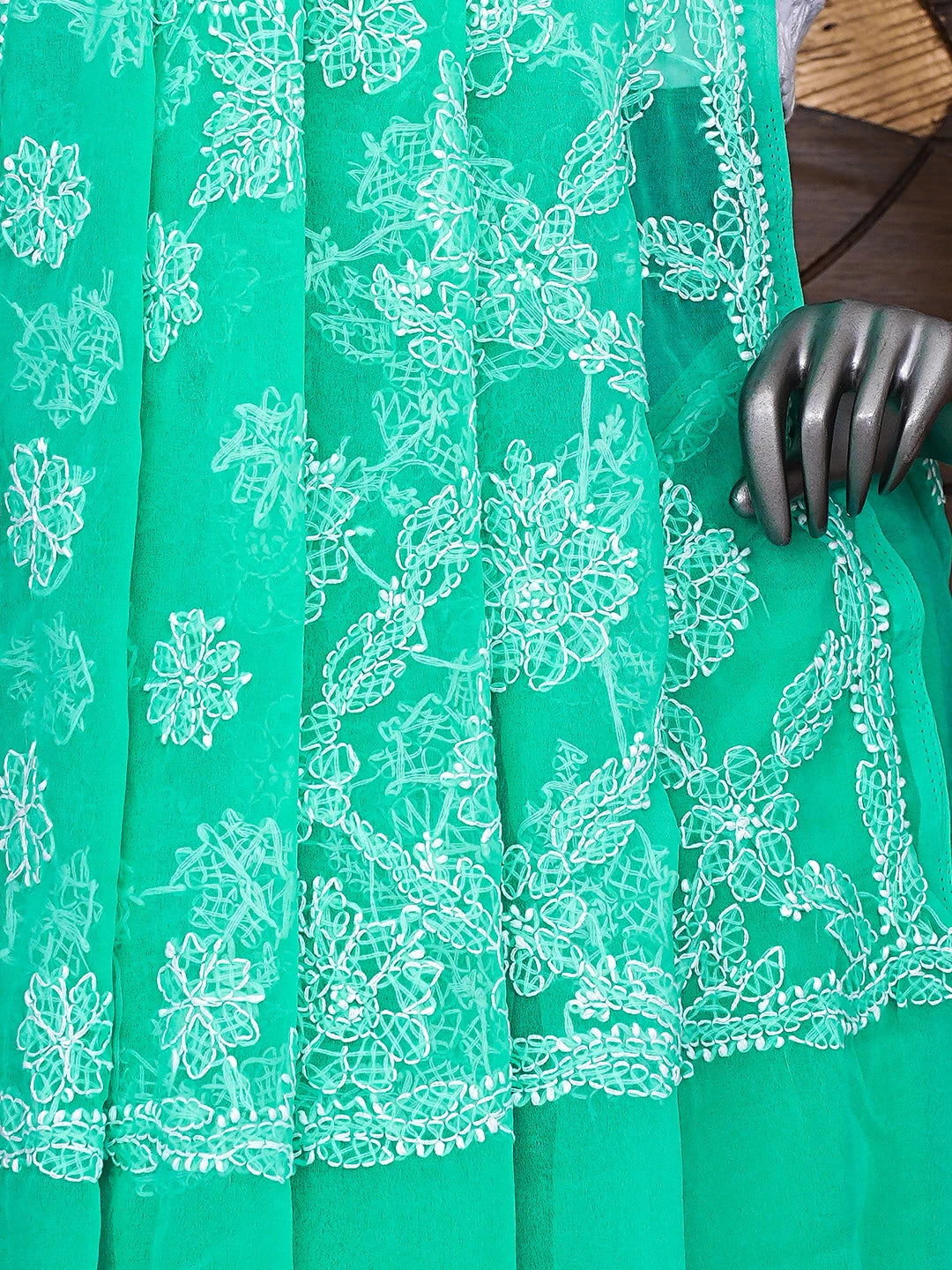 Ada Hand Embroidered Sea Green Georgette Lucknowi Chikankari Saree and Blouse 01A905435