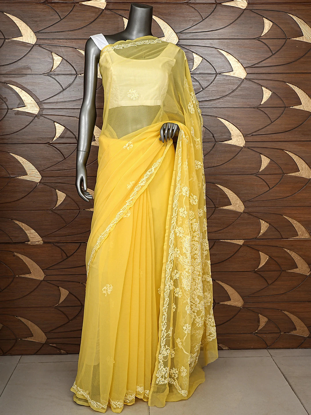 Ada Hand Embroidered Mustard Georgette Lucknowi Chikankari Saree and Blouse 01A905432