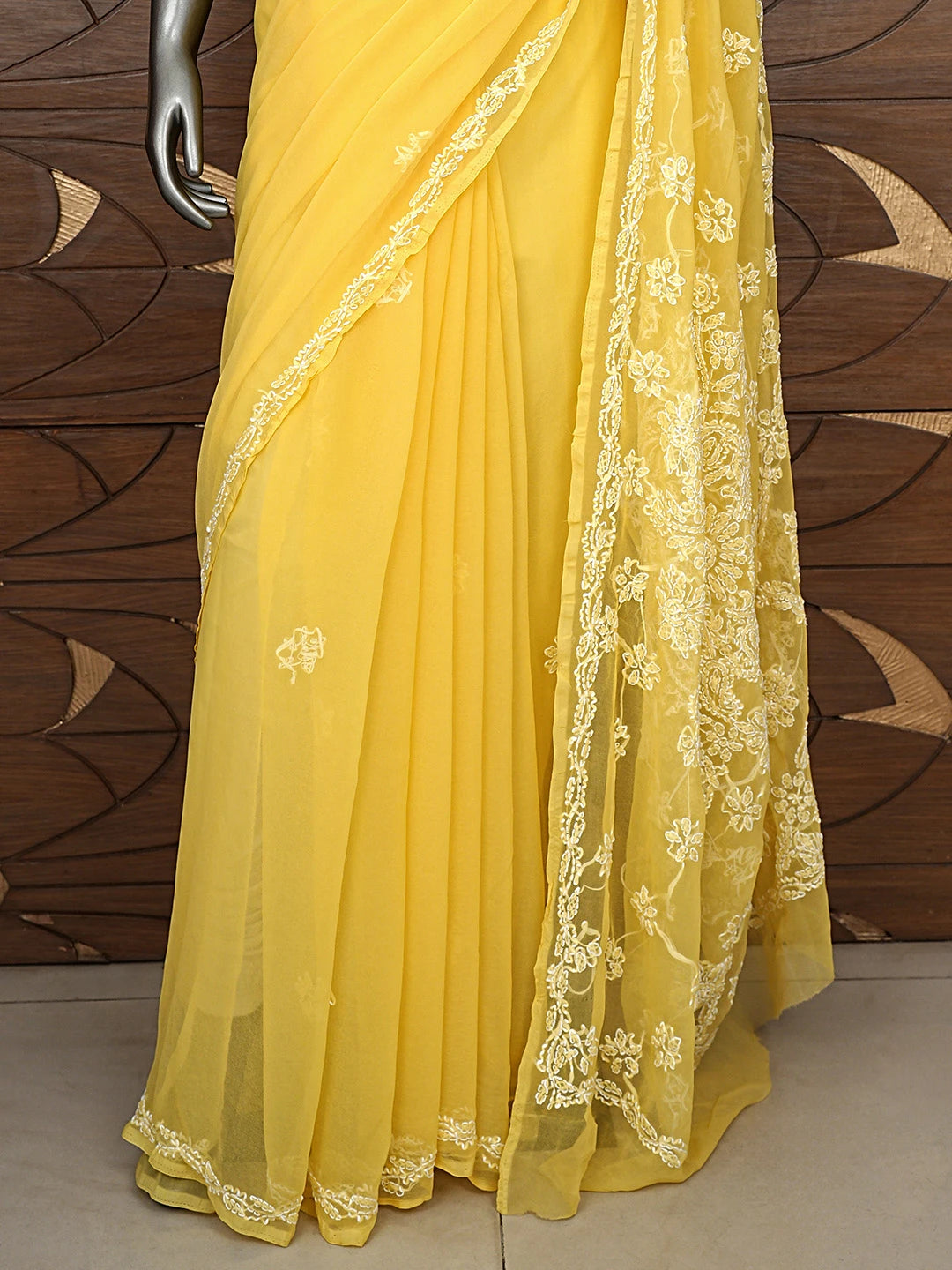 Ada Hand Embroidered Mustard Georgette Lucknowi Chikankari Saree and Blouse 01A905432