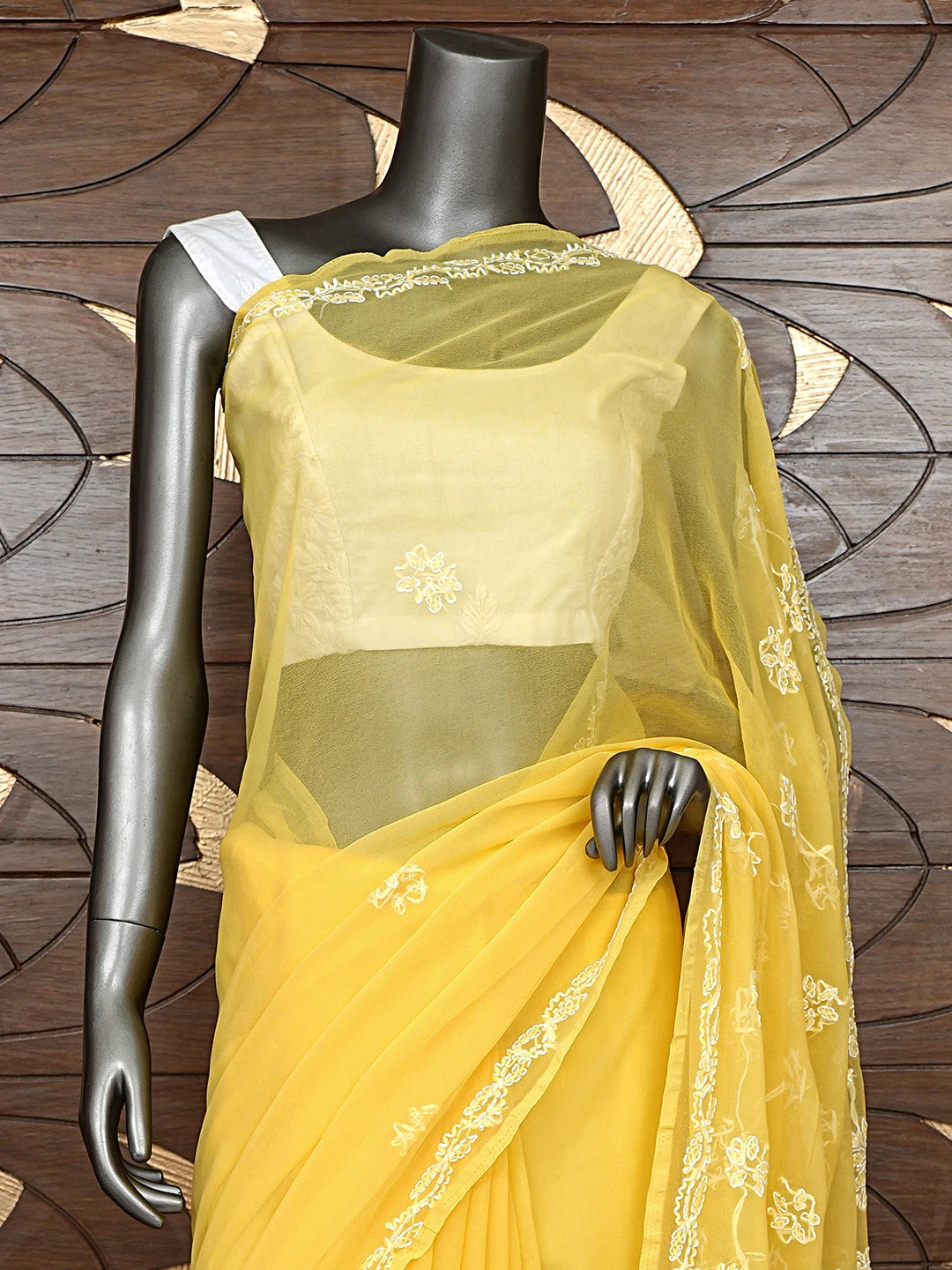 Ada Hand Embroidered Mustard Georgette Lucknowi Chikankari Saree and Blouse 01A905432