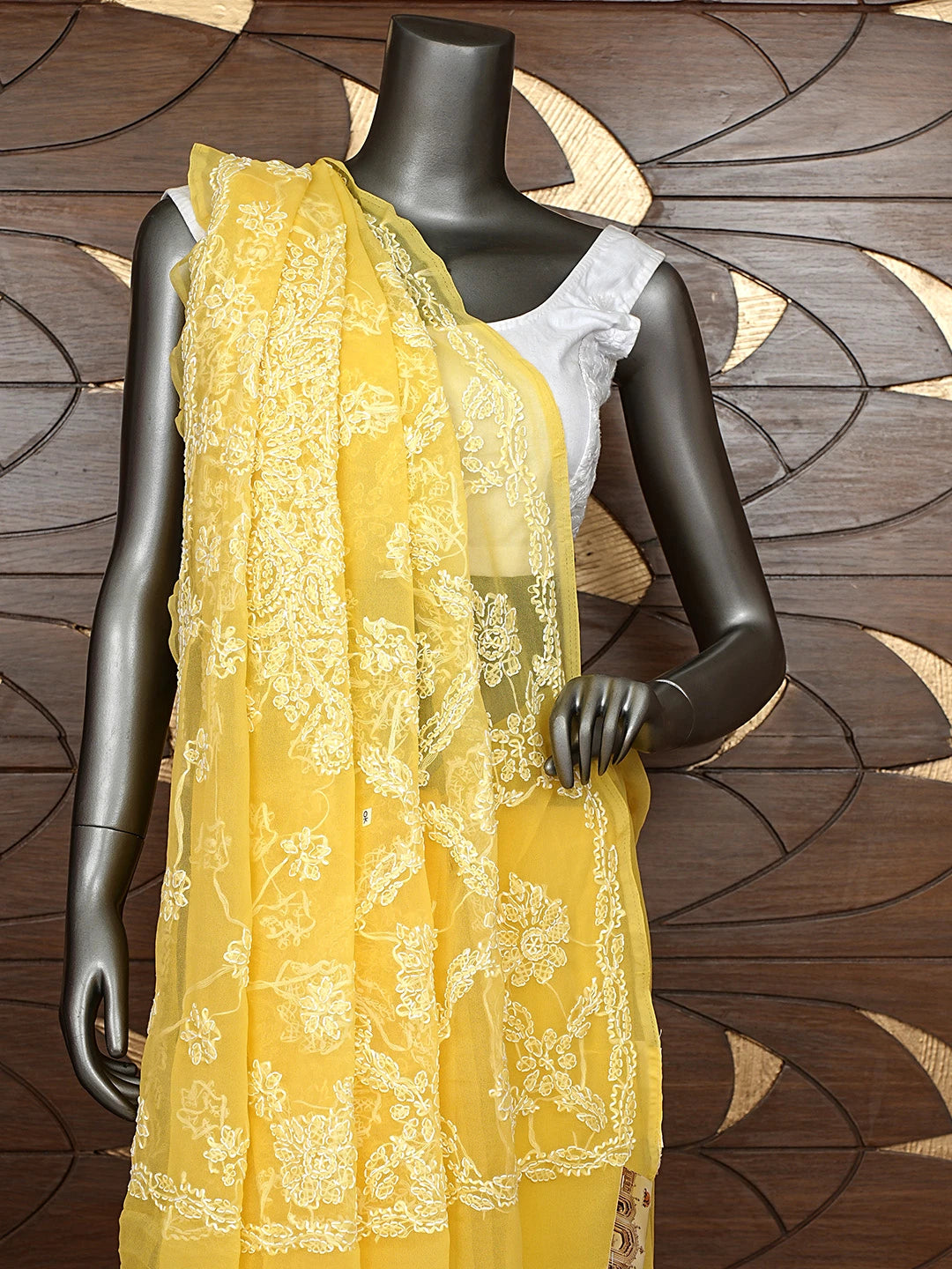 Ada Hand Embroidered Mustard Georgette Lucknowi Chikankari Saree and Blouse 01A905432