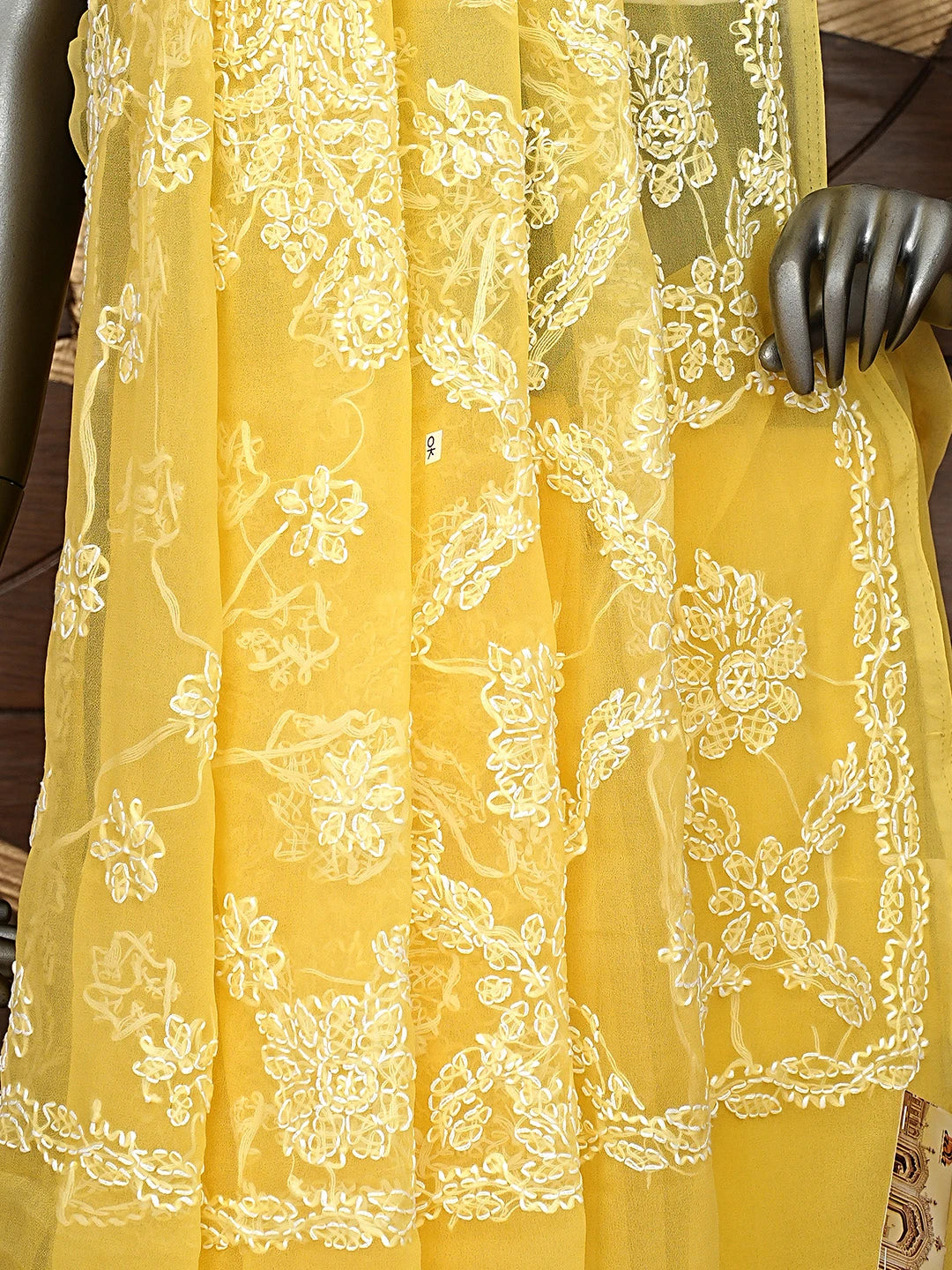 Ada Hand Embroidered Mustard Georgette Lucknowi Chikankari Saree and Blouse 01A905432
