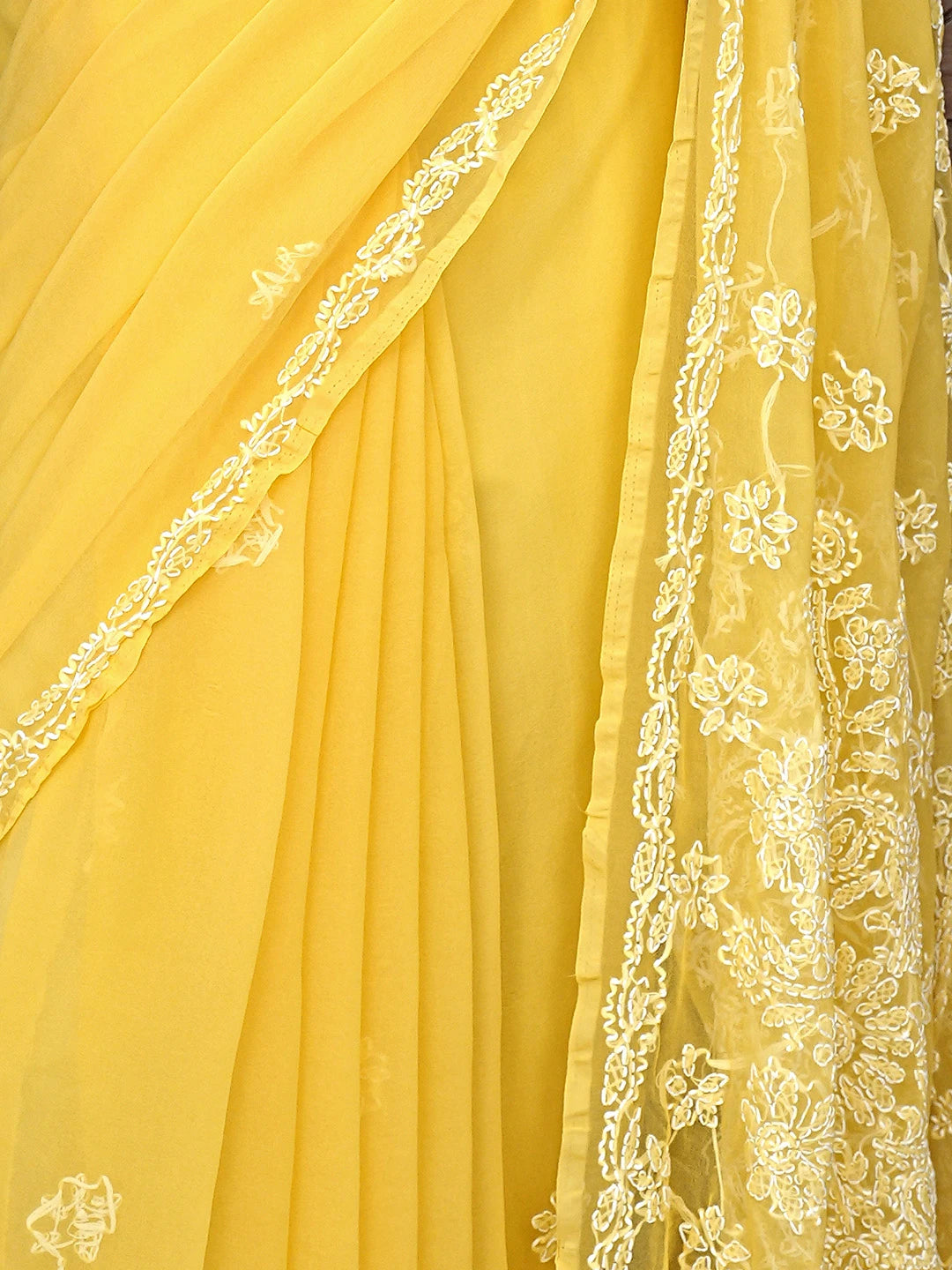 Ada Hand Embroidered Mustard Georgette Lucknowi Chikankari Saree and Blouse 01A905432