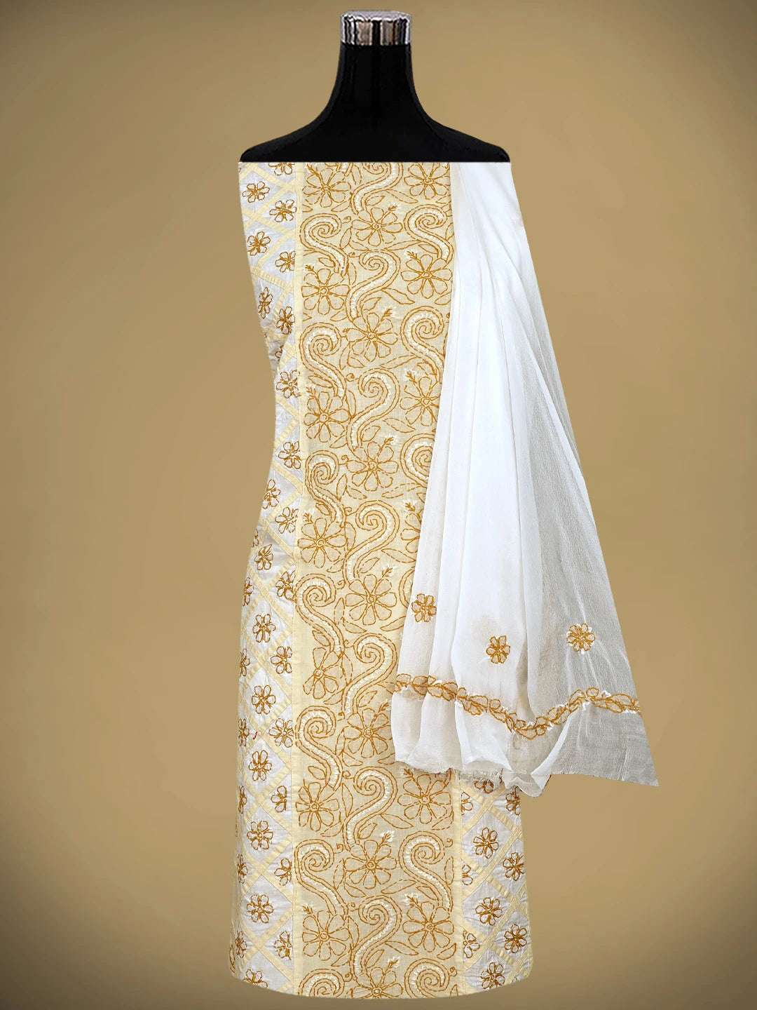 Ada Hand Embroidered Fawn Cotton Lucknowi Chikankari Unstitched Suit Piece with Chiffon Dupatta 01A883235
