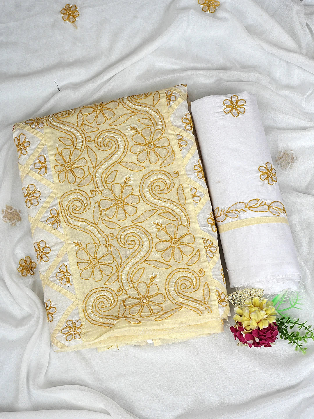 Ada Hand Embroidered Fawn Cotton Lucknowi Chikankari Unstitched Suit Piece with Chiffon Dupatta 01A883235