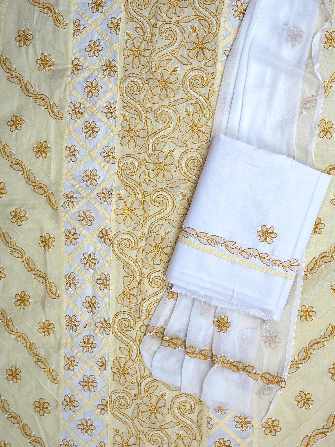Ada Hand Embroidered Fawn Cotton Lucknowi Chikankari Unstitched Suit Piece with Chiffon Dupatta 01A883235