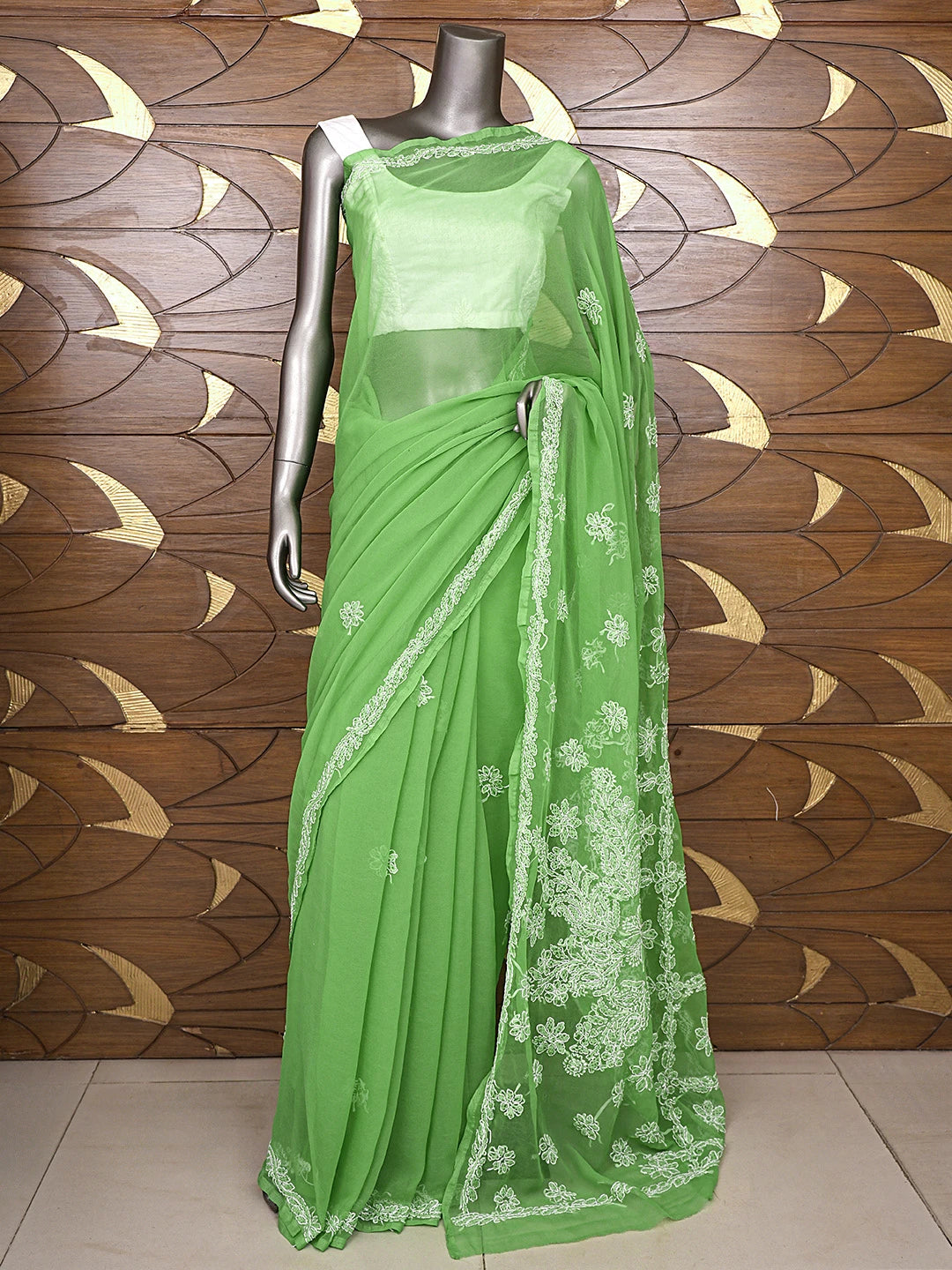 Ada Hand Embroidered Forestgreen Georgette Lucknowi Chikankari Saree and Blouse 01A905454