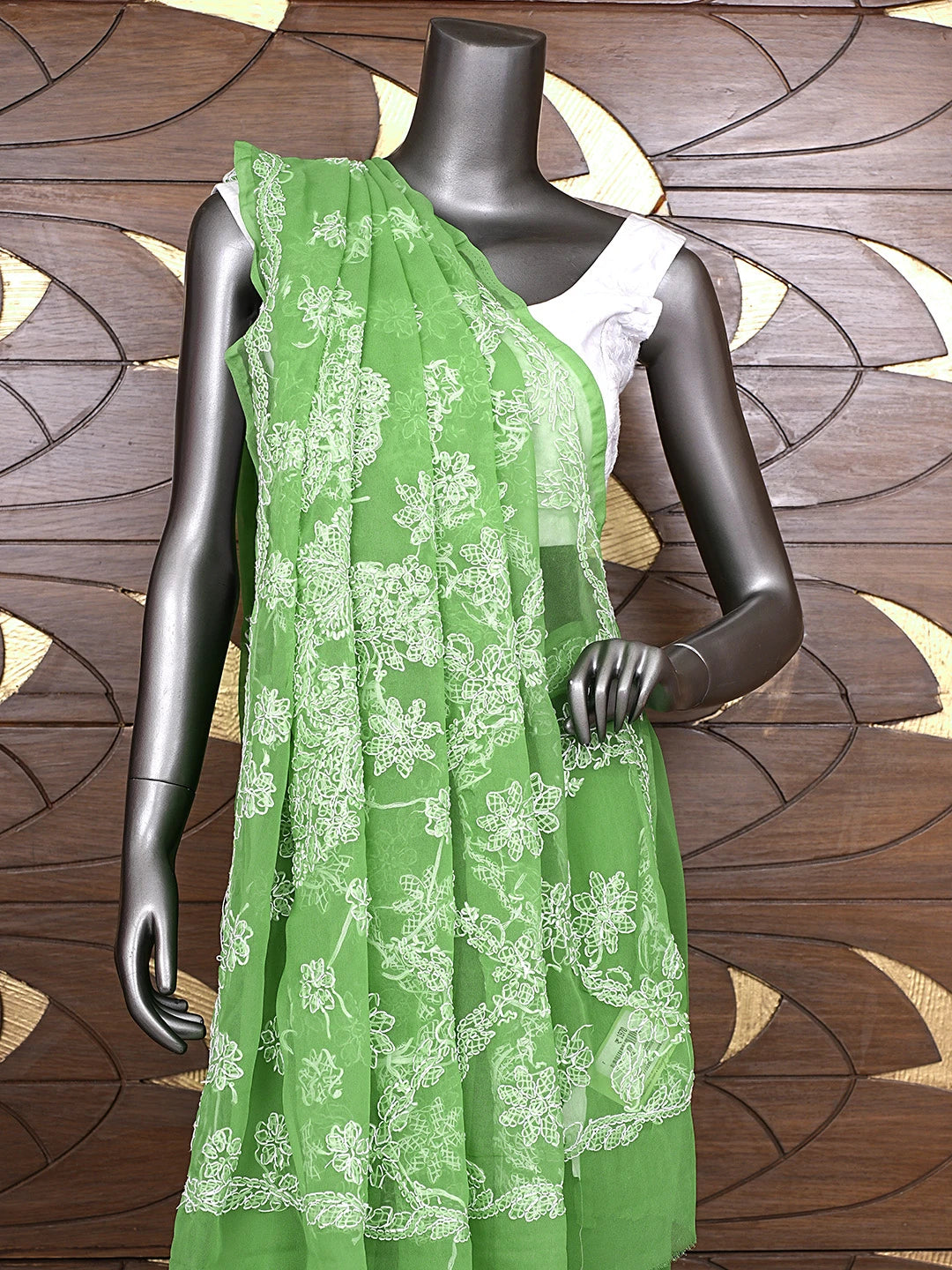 Ada Hand Embroidered Forestgreen Georgette Lucknowi Chikankari Saree and Blouse 01A905454