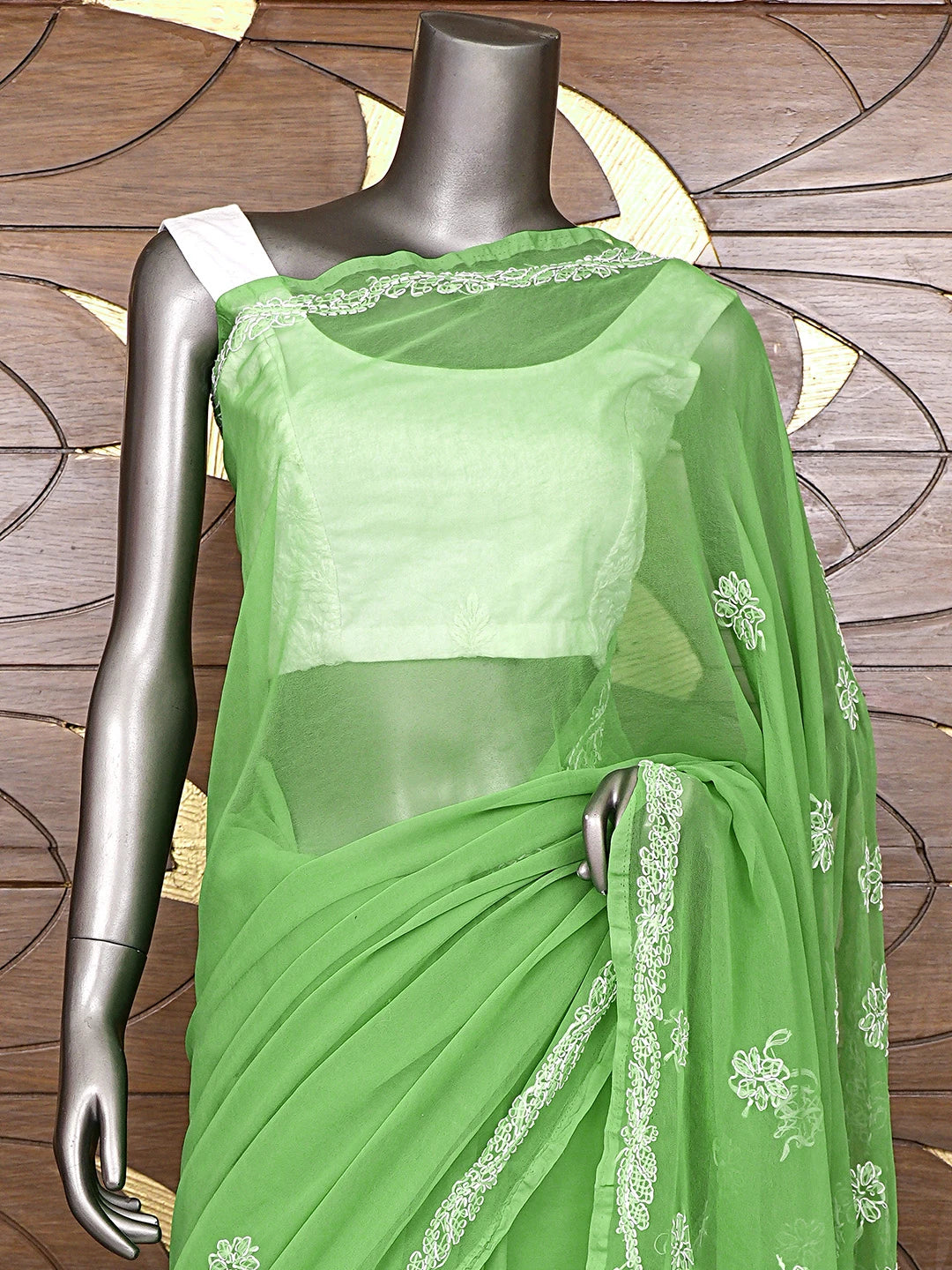 Ada Hand Embroidered Forestgreen Georgette Lucknowi Chikankari Saree and Blouse 01A905454