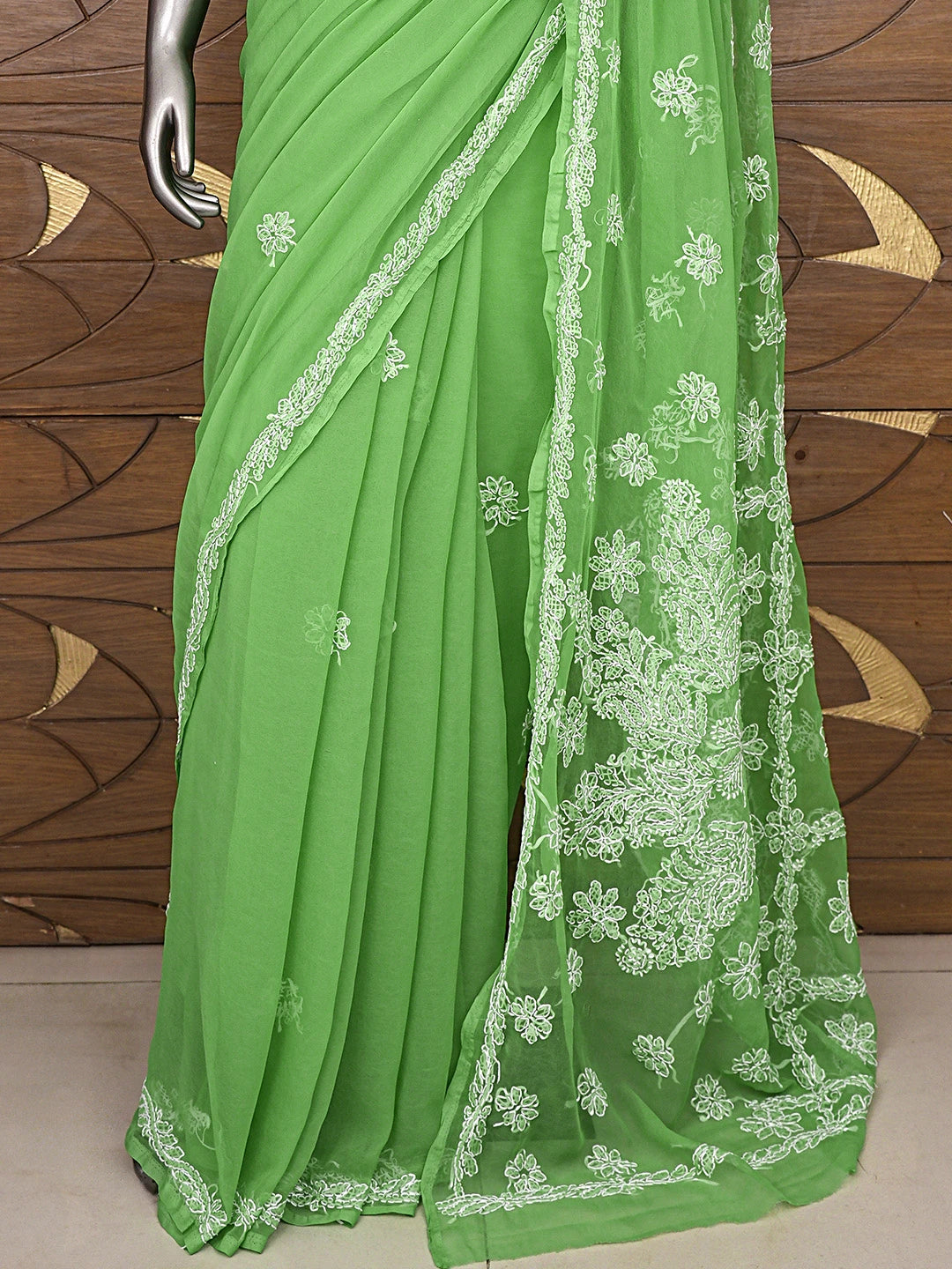 Ada Hand Embroidered Forestgreen Georgette Lucknowi Chikankari Saree and Blouse 01A905454