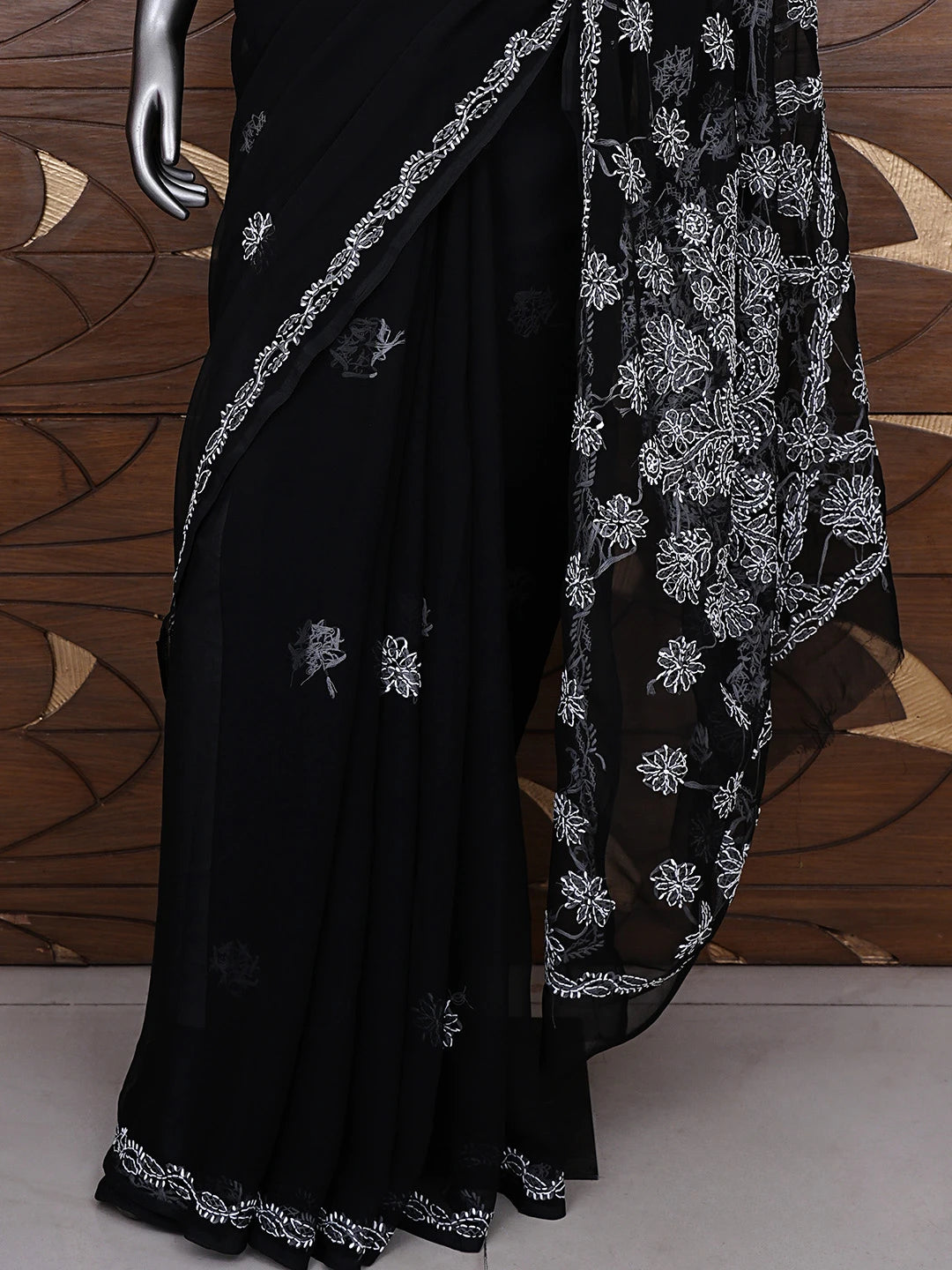 Ada Hand Embroidered Black Georgette Lucknowi Chikankari Saree and Blouse 01A905472