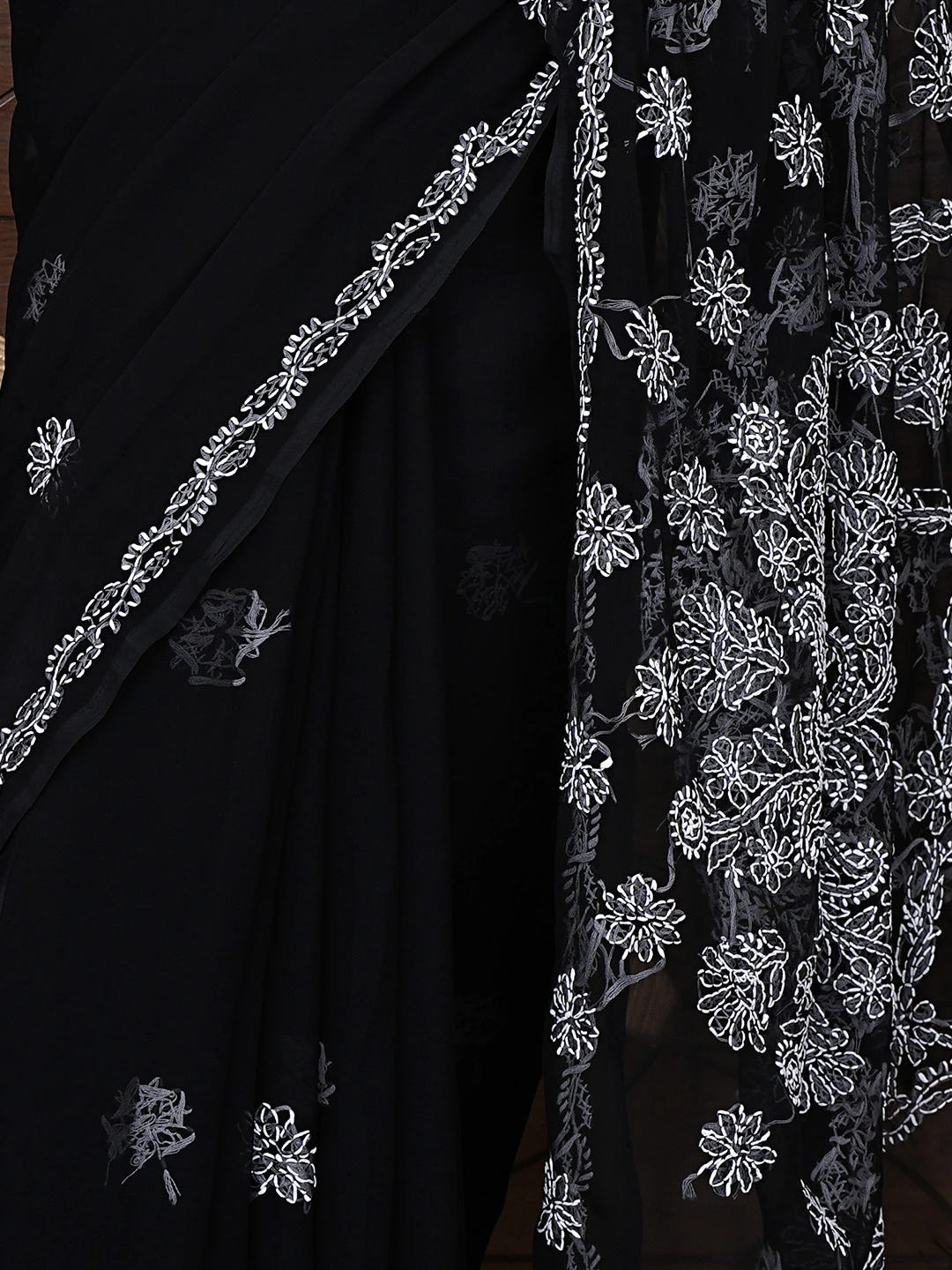 Ada Hand Embroidered Black Georgette Lucknowi Chikankari Saree and Blouse 01A905472