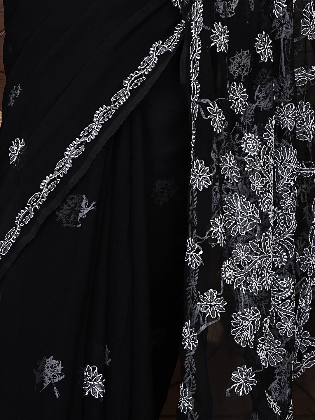 Ada Hand Embroidered Black Georgette Lucknowi Chikankari Saree and Blouse 01A905472