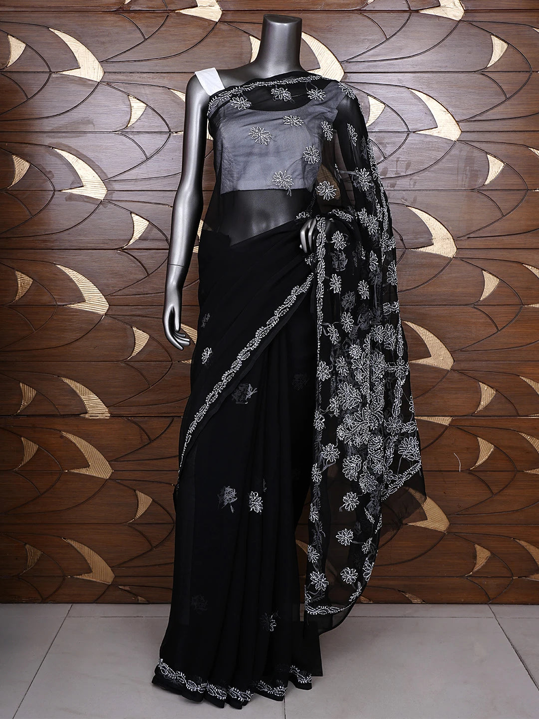 Ada Hand Embroidered Black Georgette Lucknowi Chikankari Saree and Blouse 01A905472