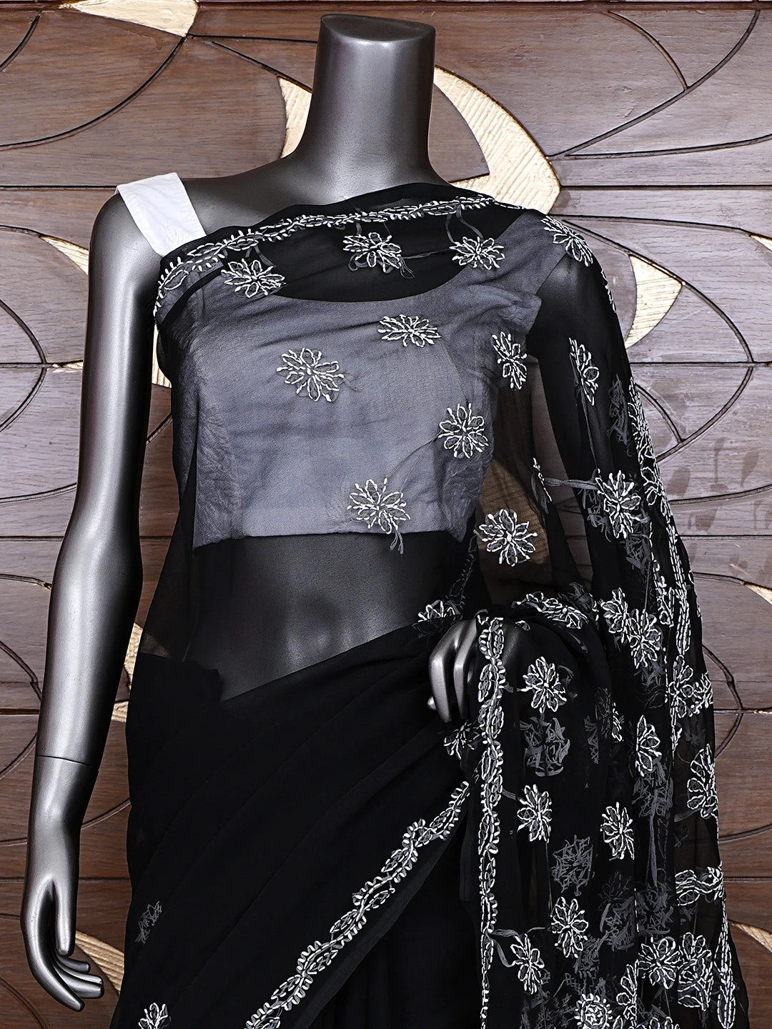 Ada Hand Embroidered Black Georgette Lucknowi Chikankari Saree and Blouse 01A905472
