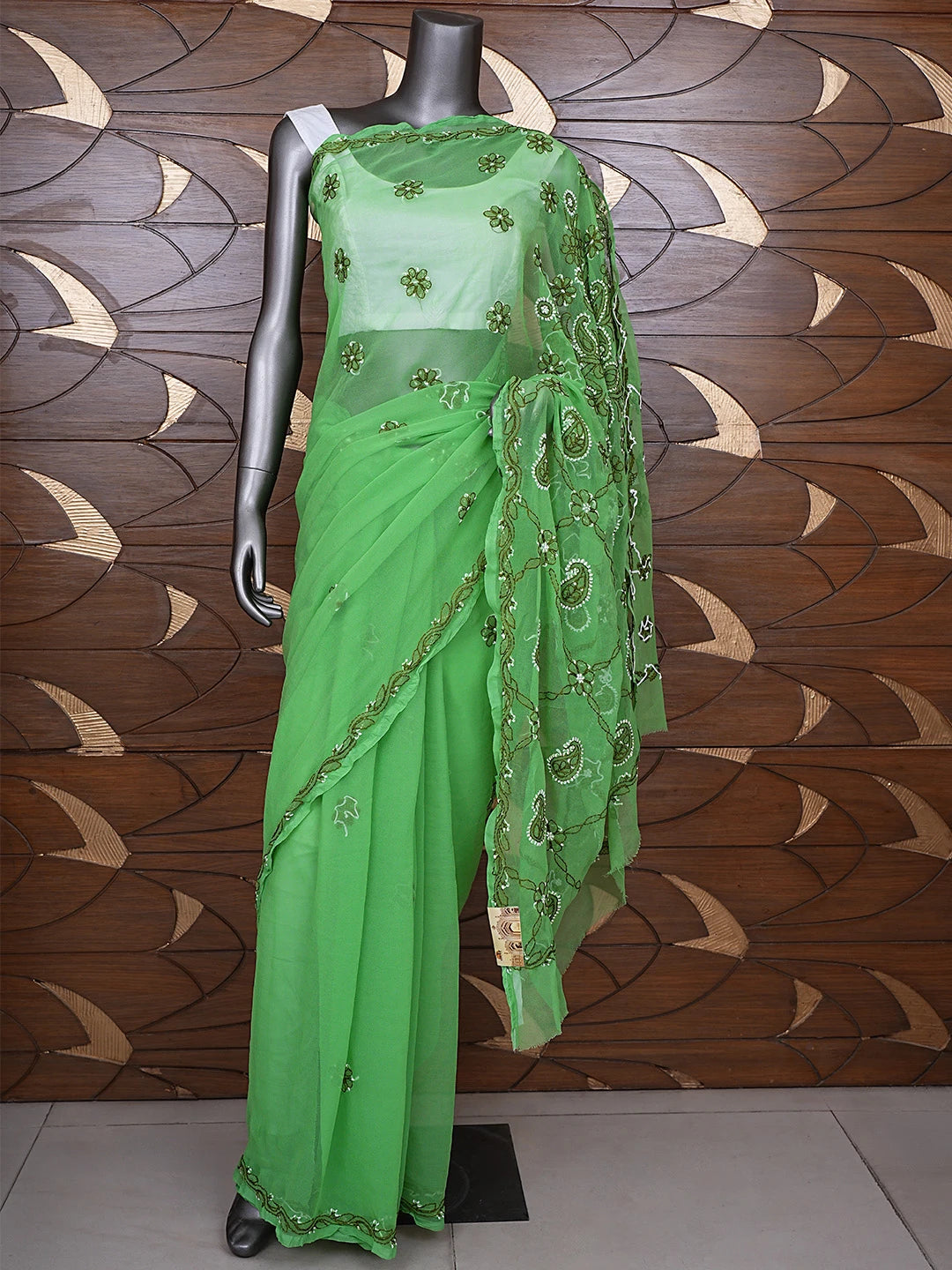 Ada Hand Embroidered Green Georgette Lucknowi Chikankari Saree and Blouse 01A905456