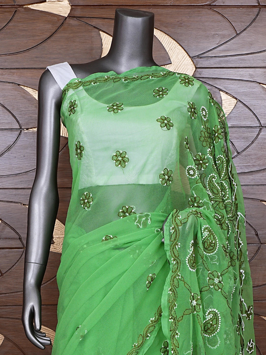 Ada Hand Embroidered Green Georgette Lucknowi Chikankari Saree and Blouse 01A905456
