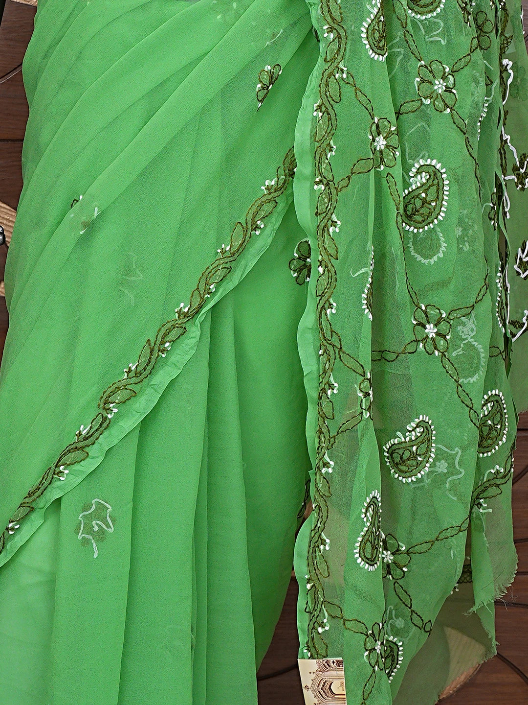 Ada Hand Embroidered Green Georgette Lucknowi Chikankari Saree and Blouse 01A905456