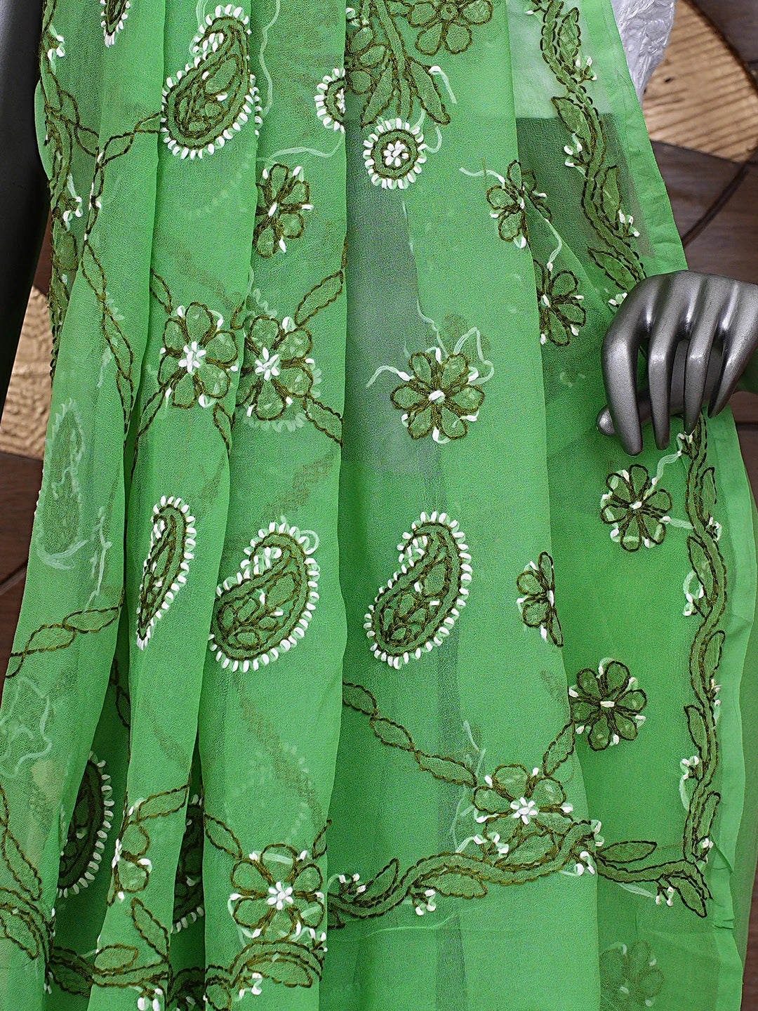 Ada Hand Embroidered Green Georgette Lucknowi Chikankari Saree and Blouse 01A905456