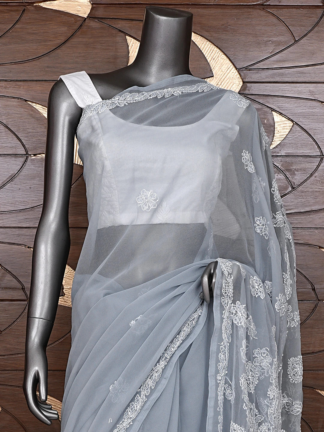 Ada Hand Embroidered Grey Georgette Lucknowi Chikankari Saree and Blouse 01A905479