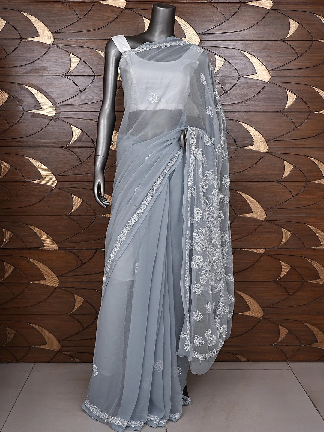 Ada Hand Embroidered Grey Georgette Lucknowi Chikankari Saree and Blouse 01A905479