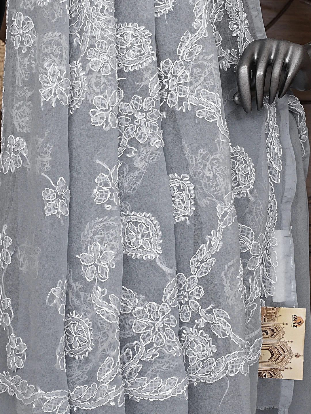 Ada Hand Embroidered Grey Georgette Lucknowi Chikankari Saree and Blouse 01A905479