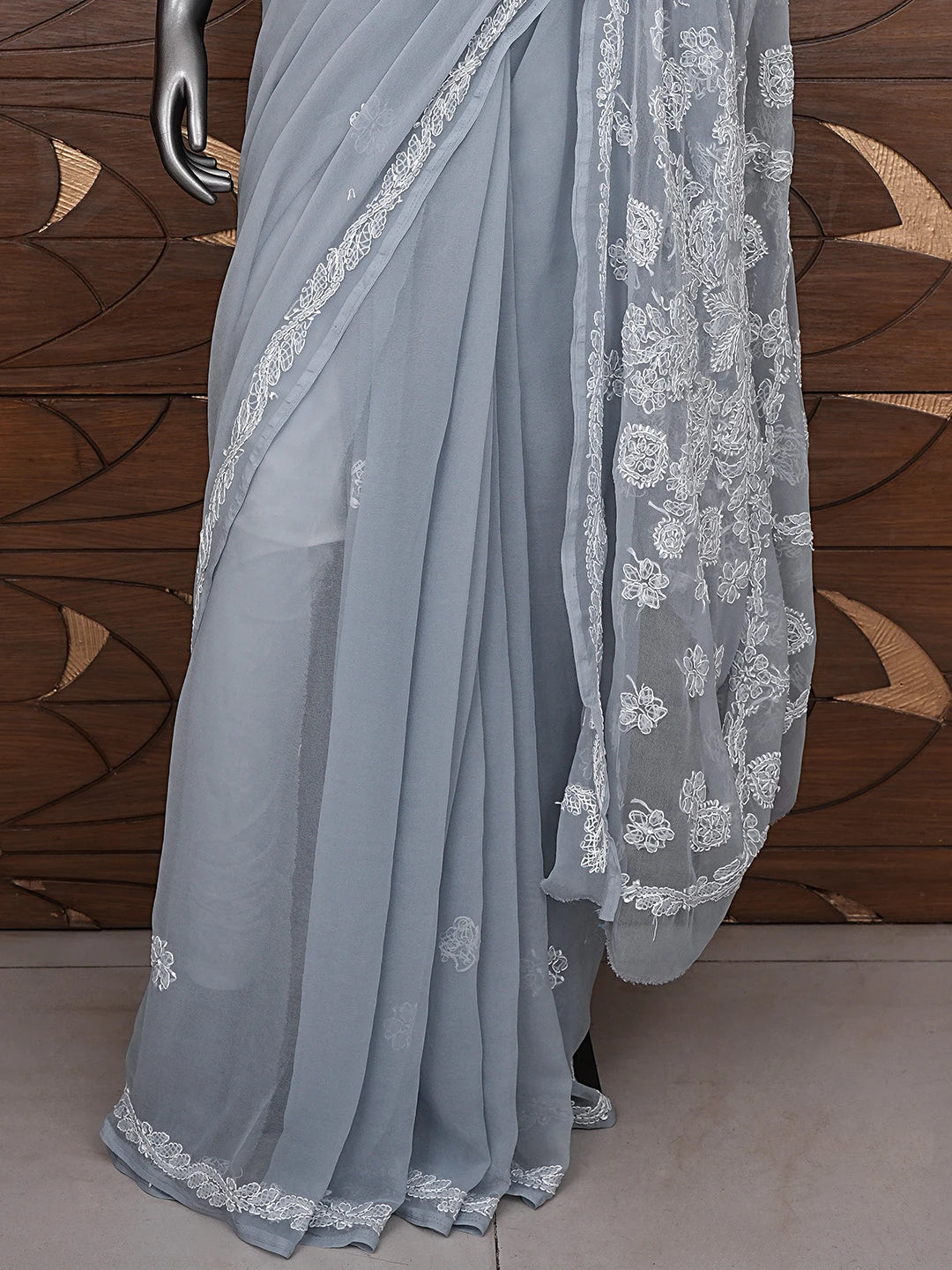 Ada Hand Embroidered Grey Georgette Lucknowi Chikankari Saree and Blouse 01A905479