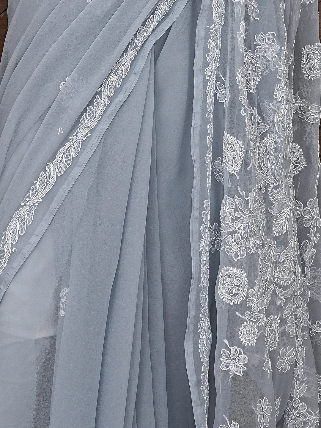 Ada Hand Embroidered Grey Georgette Lucknowi Chikankari Saree and Blouse 01A905479
