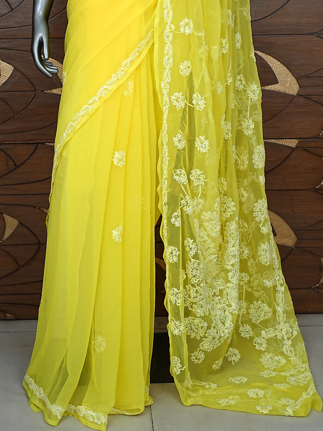 Ada Hand Embroidered Yellow Georgette Lucknowi Chikankari Saree and Blouse 01A905433