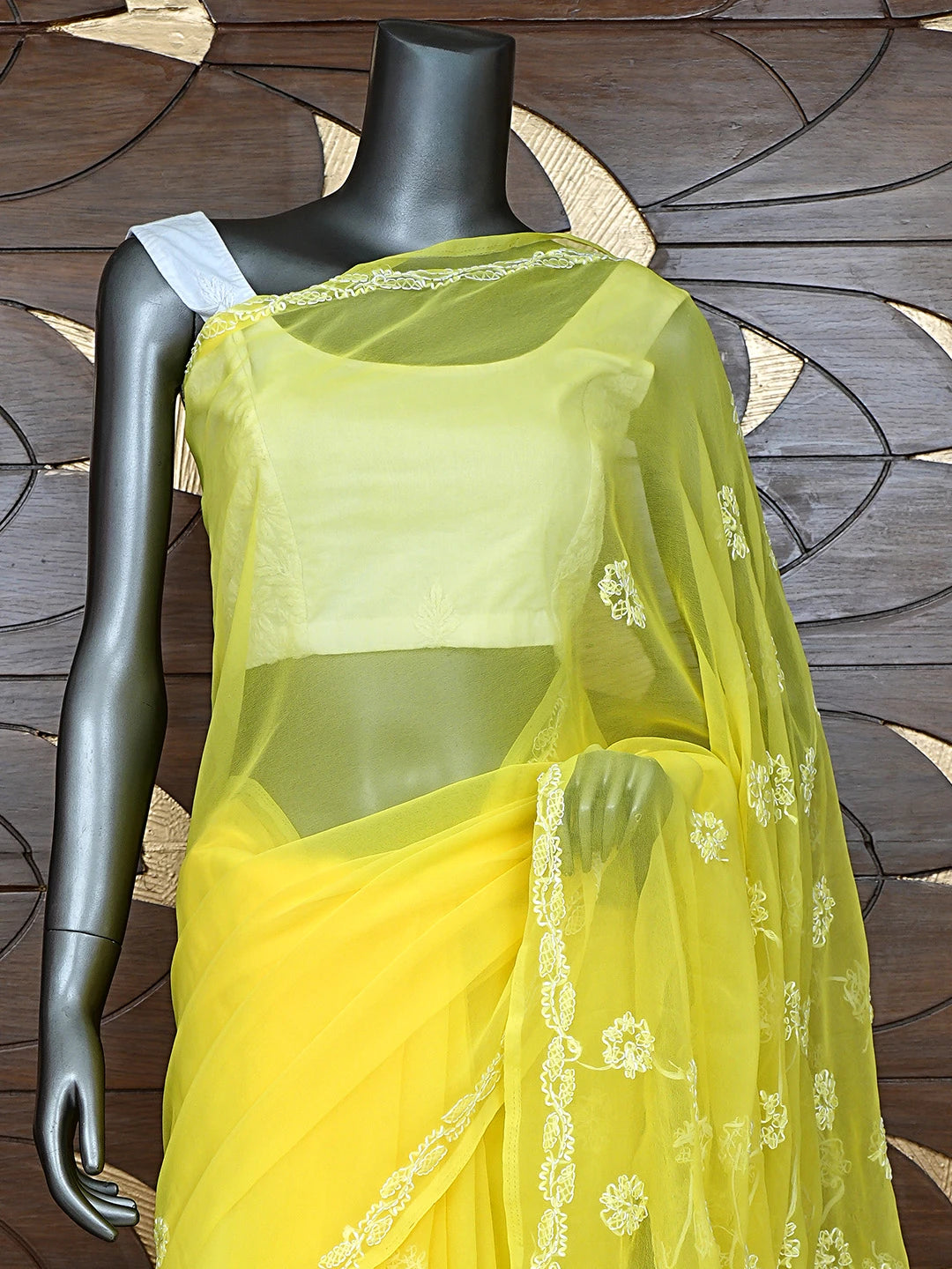 Ada Hand Embroidered Yellow Georgette Lucknowi Chikankari Saree and Blouse 01A905433