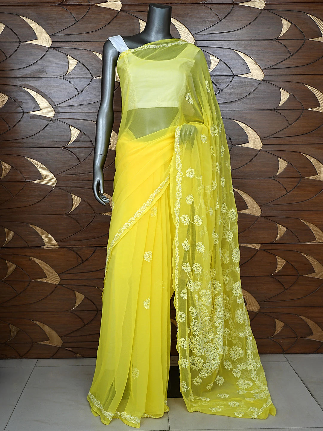 Ada Hand Embroidered Yellow Georgette Lucknowi Chikankari Saree and Blouse 01A905433