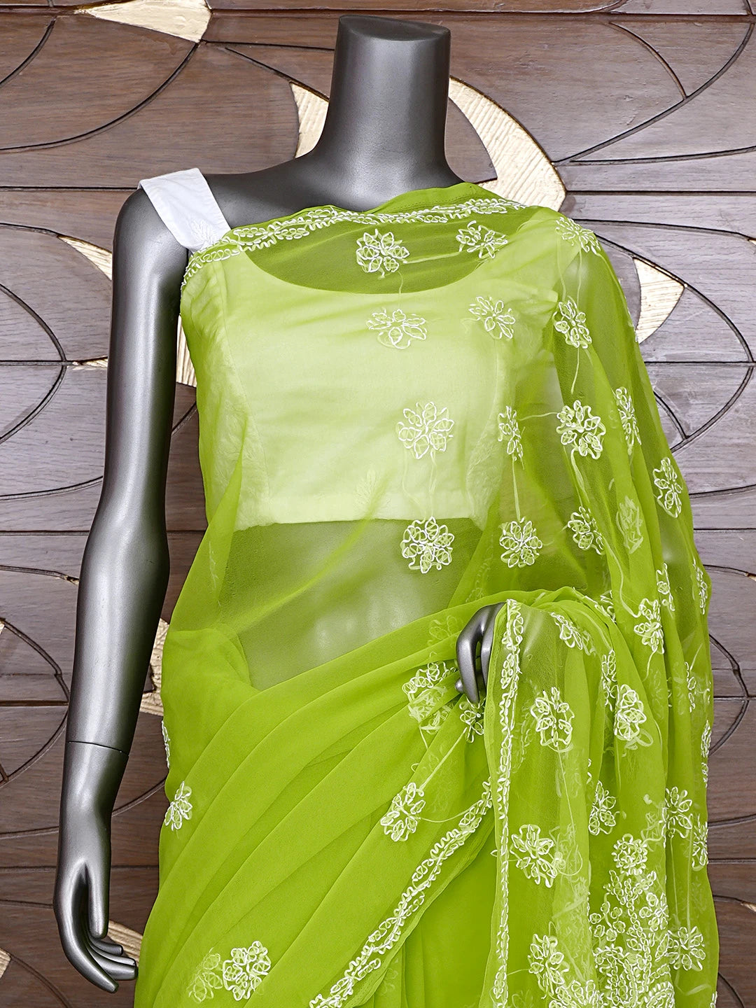 Ada Hand Embroidered Yellowgreen Georgette Lucknowi Chikankari Saree and Blouse 01A905462