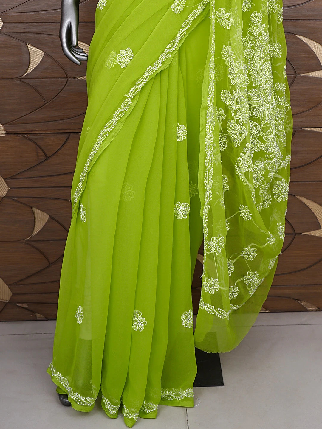 Ada Hand Embroidered Yellowgreen Georgette Lucknowi Chikankari Saree and Blouse 01A905462