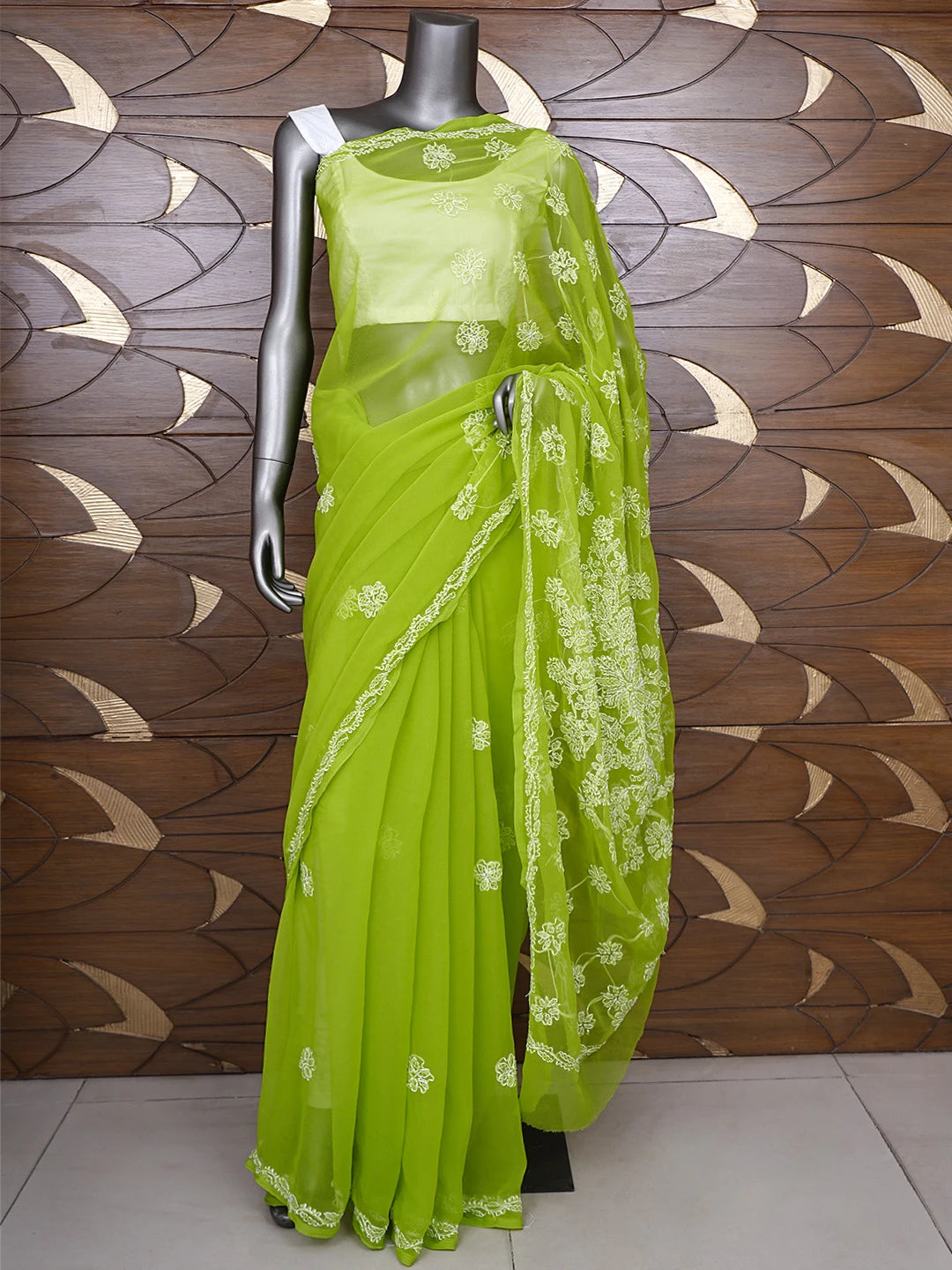 Ada Hand Embroidered Yellowgreen Georgette Lucknowi Chikankari Saree and Blouse 01A905462
