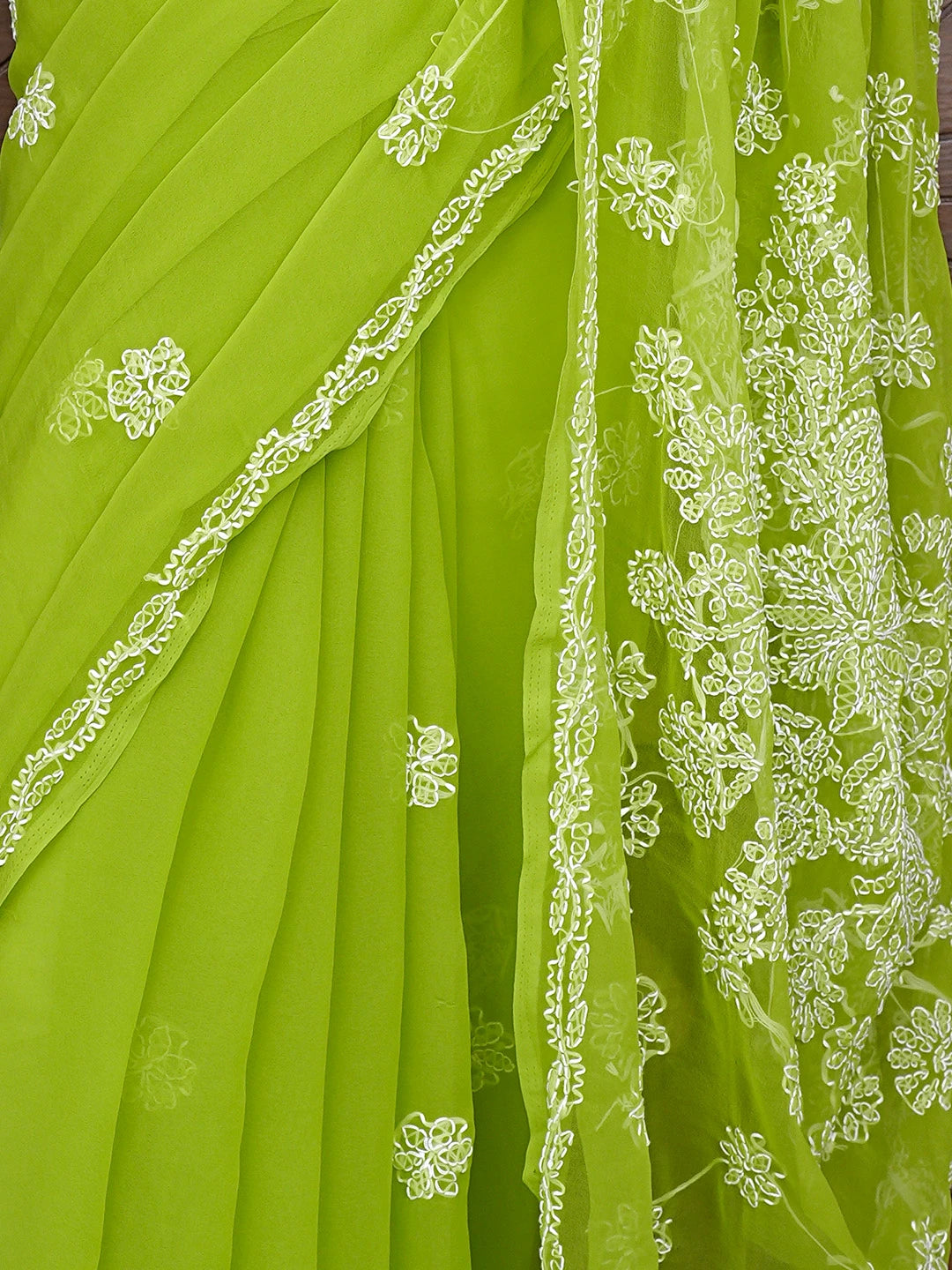 Ada Hand Embroidered Yellowgreen Georgette Lucknowi Chikankari Saree and Blouse 01A905462