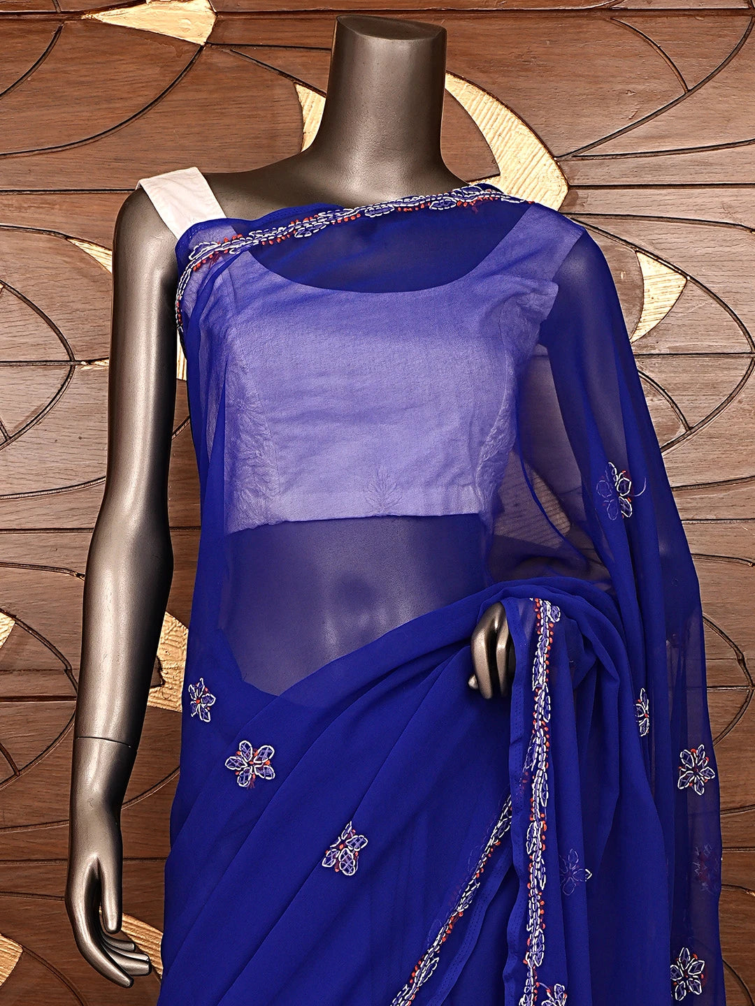 Ada Hand Embroidered Blue Georgette Lucknowi Chikankari Saree and Blouse 01A905481