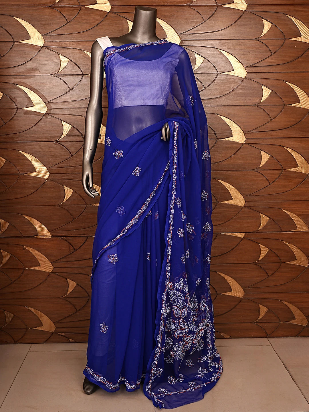 Ada Hand Embroidered Blue Georgette Lucknowi Chikankari Saree and Blouse 01A905481