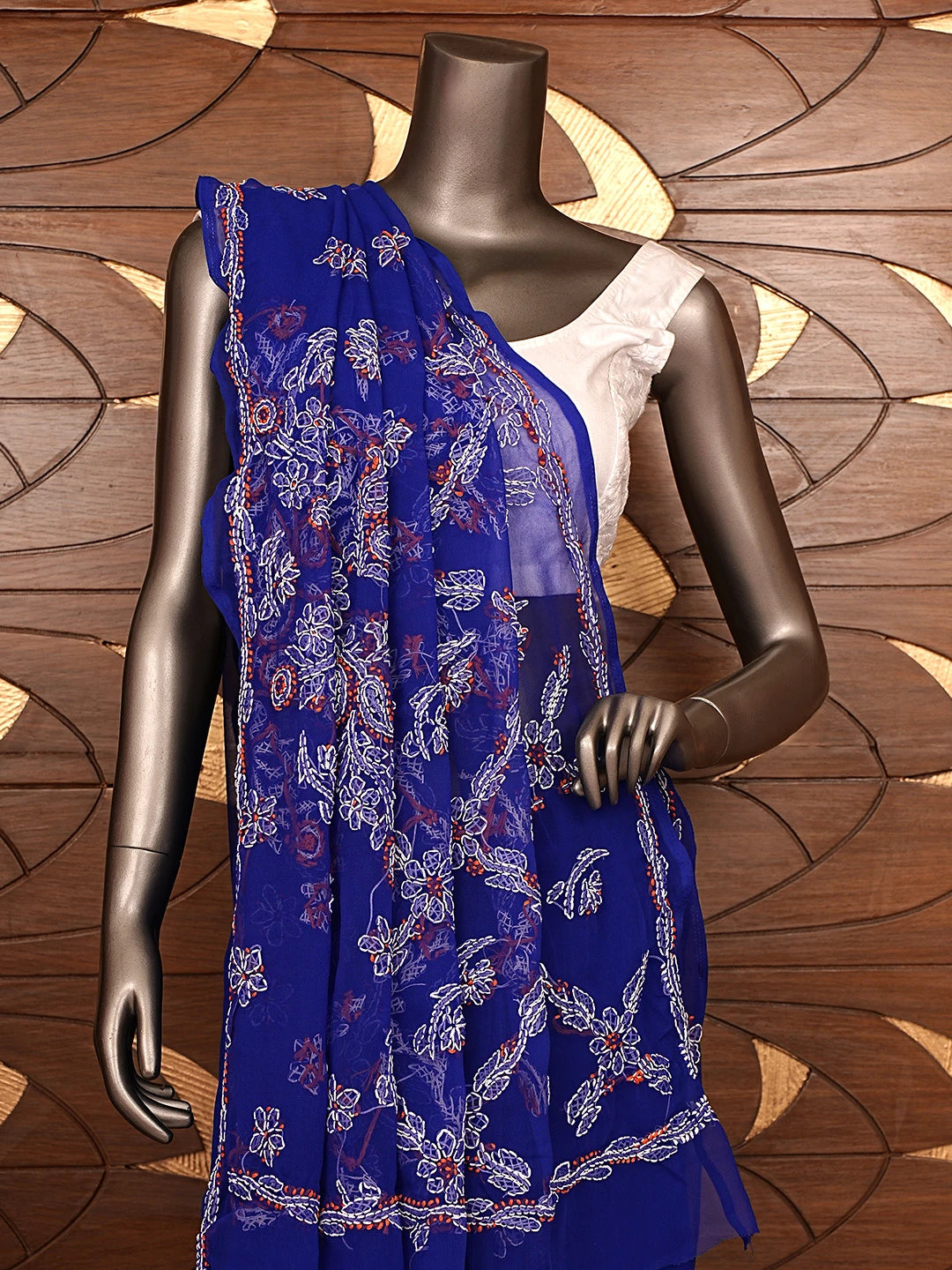 Ada Hand Embroidered Blue Georgette Lucknowi Chikankari Saree and Blouse 01A905481
