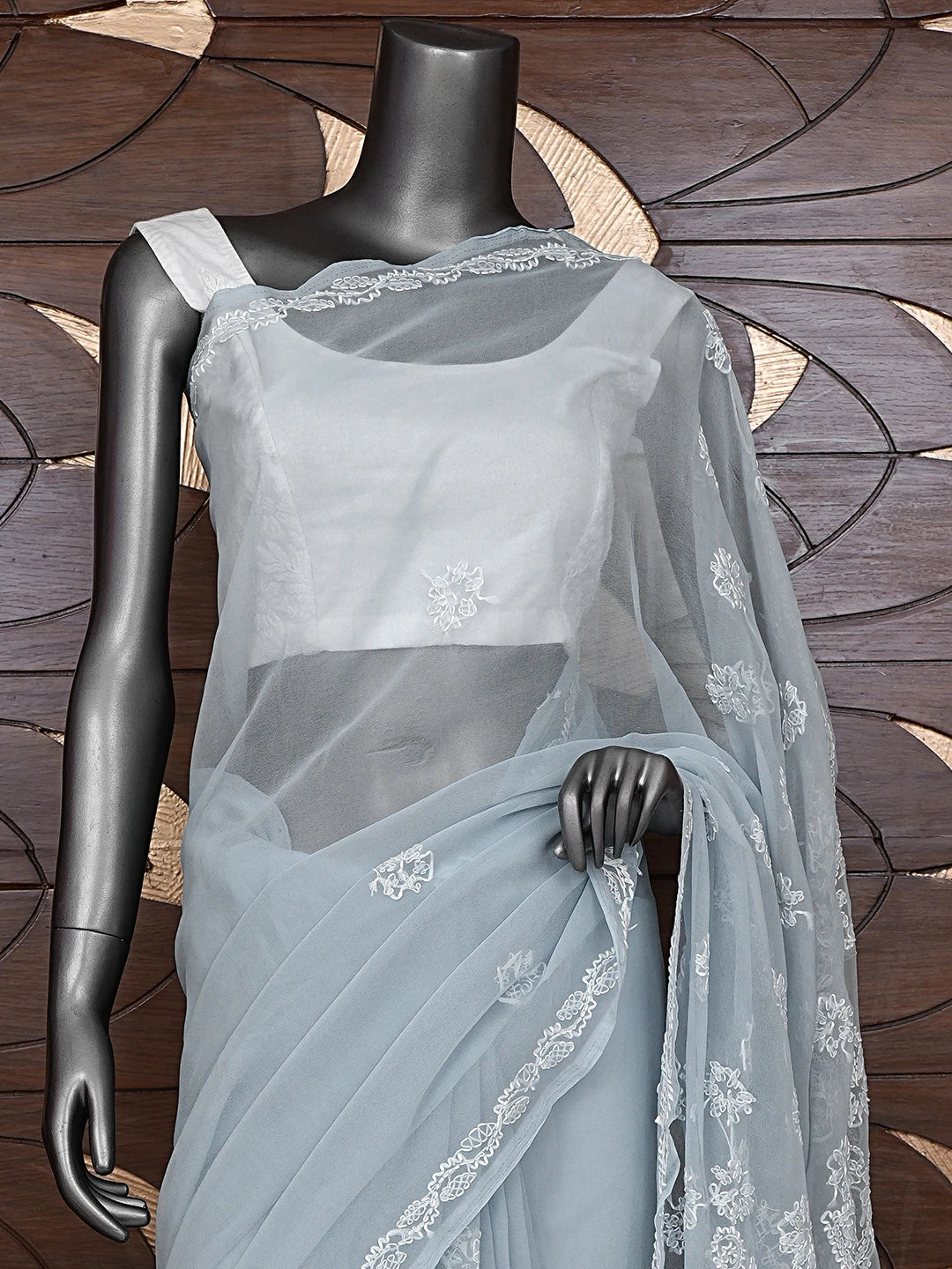 Ada Hand Embroidered Grey Georgette Lucknowi Chikankari Saree and Blouse 01A905443_1