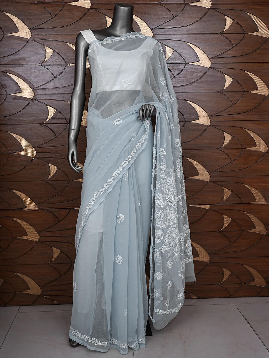 Ada Hand Embroidered Grey Georgette Lucknowi Chikankari Saree and Blouse 01A905443_2