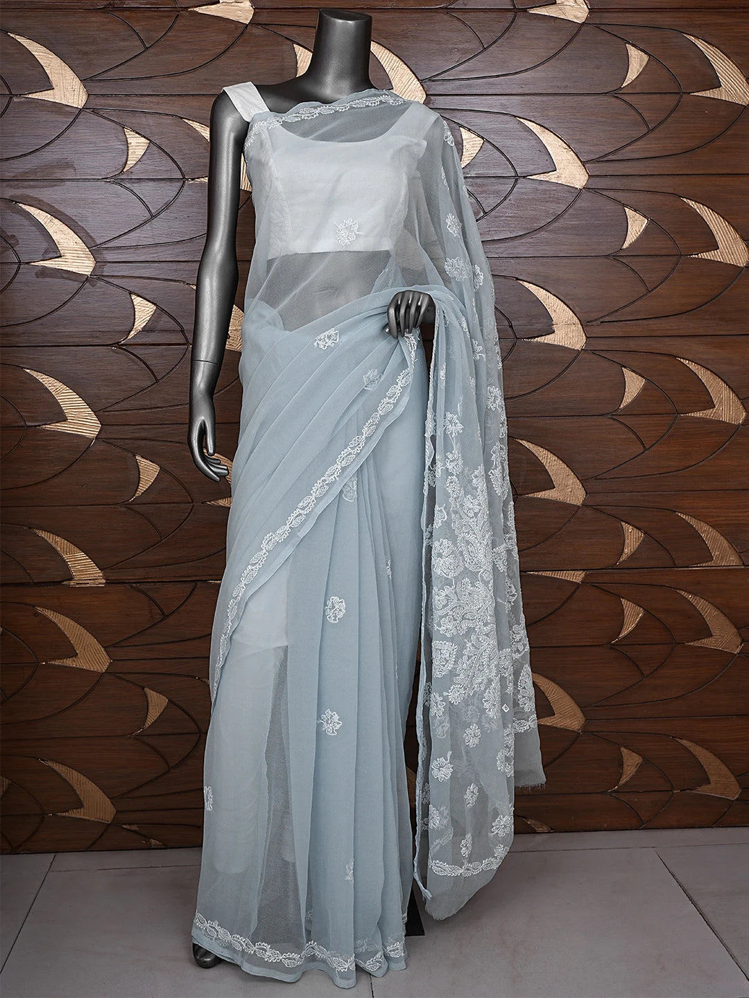 Ada Hand Embroidered Grey Georgette Lucknowi Chikankari Saree and Blouse 01A905443_2