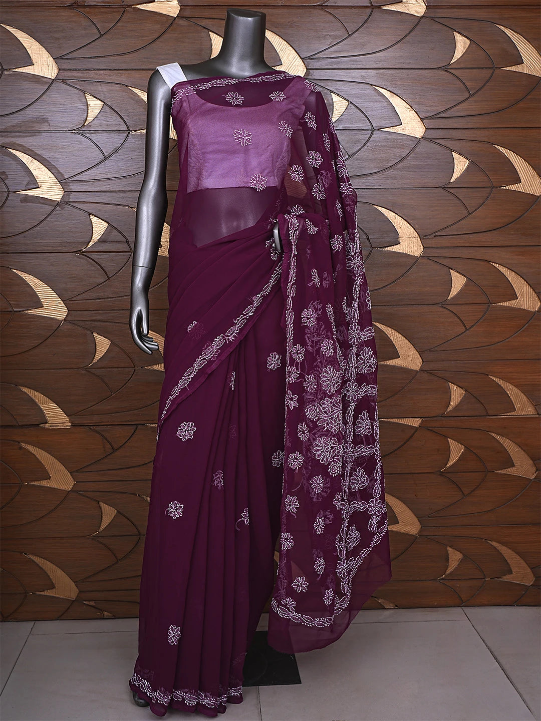 Ada Hand Embroidered Wine Georgette Lucknowi Chikankari Saree and Blouse 01A905447