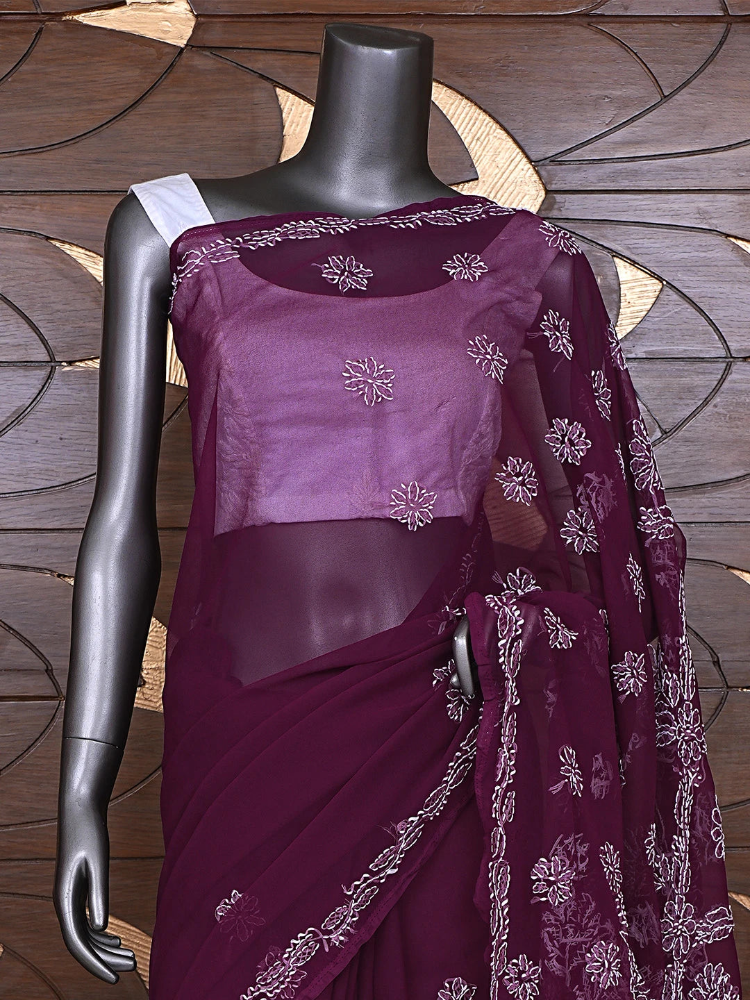 Ada Hand Embroidered Wine Georgette Lucknowi Chikankari Saree and Blouse 01A905447