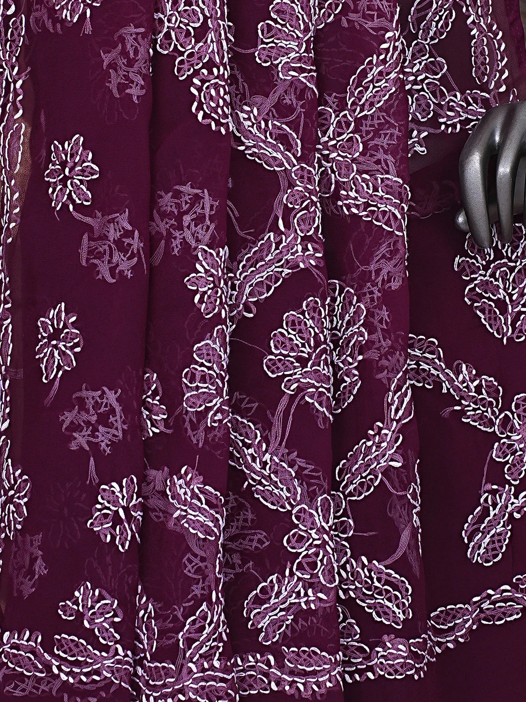 Ada Hand Embroidered Wine Georgette Lucknowi Chikankari Saree and Blouse 01A905447